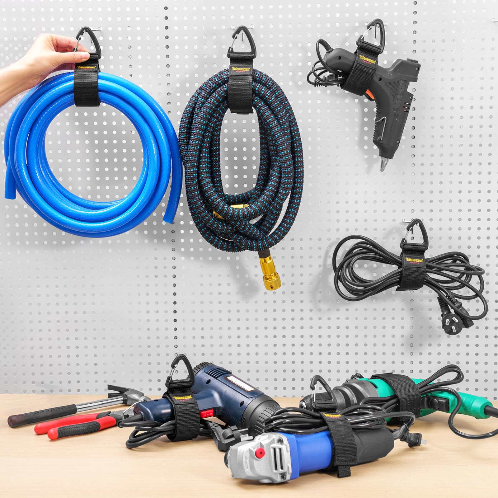 Trilancer Hook-and-Loop Storage Straps with Triangular Buckle to Hang on Walls for Cables, Wires, Rope, Hoses, Organization for Home, Garage or Workshop（2*S，4*M，4*L）