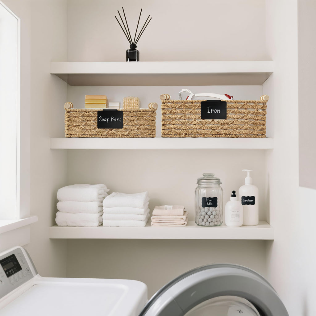 DECOMOMO Labels for Storage Bins – 20 Clip on Chalkboard Labels & 32 Removable Sticker Labels with White Chalk Marker