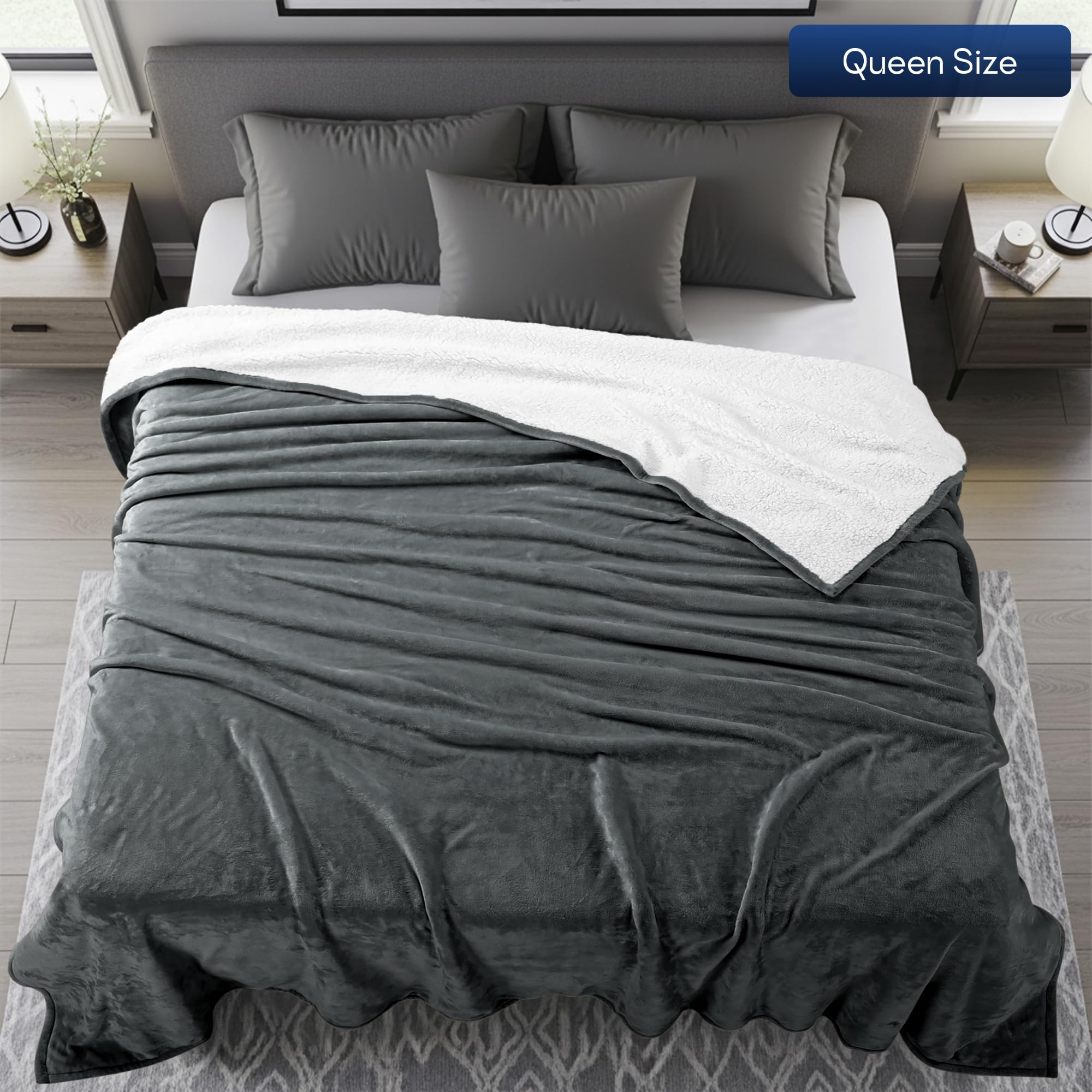 Utopia Bedding Sherpa Blanket Queen Size [Grey, 90x90 Inches] - Soft Lightweight Plush Fleece Reversible Blanket for Bed, Sofa, Couch, Camping and Travel
