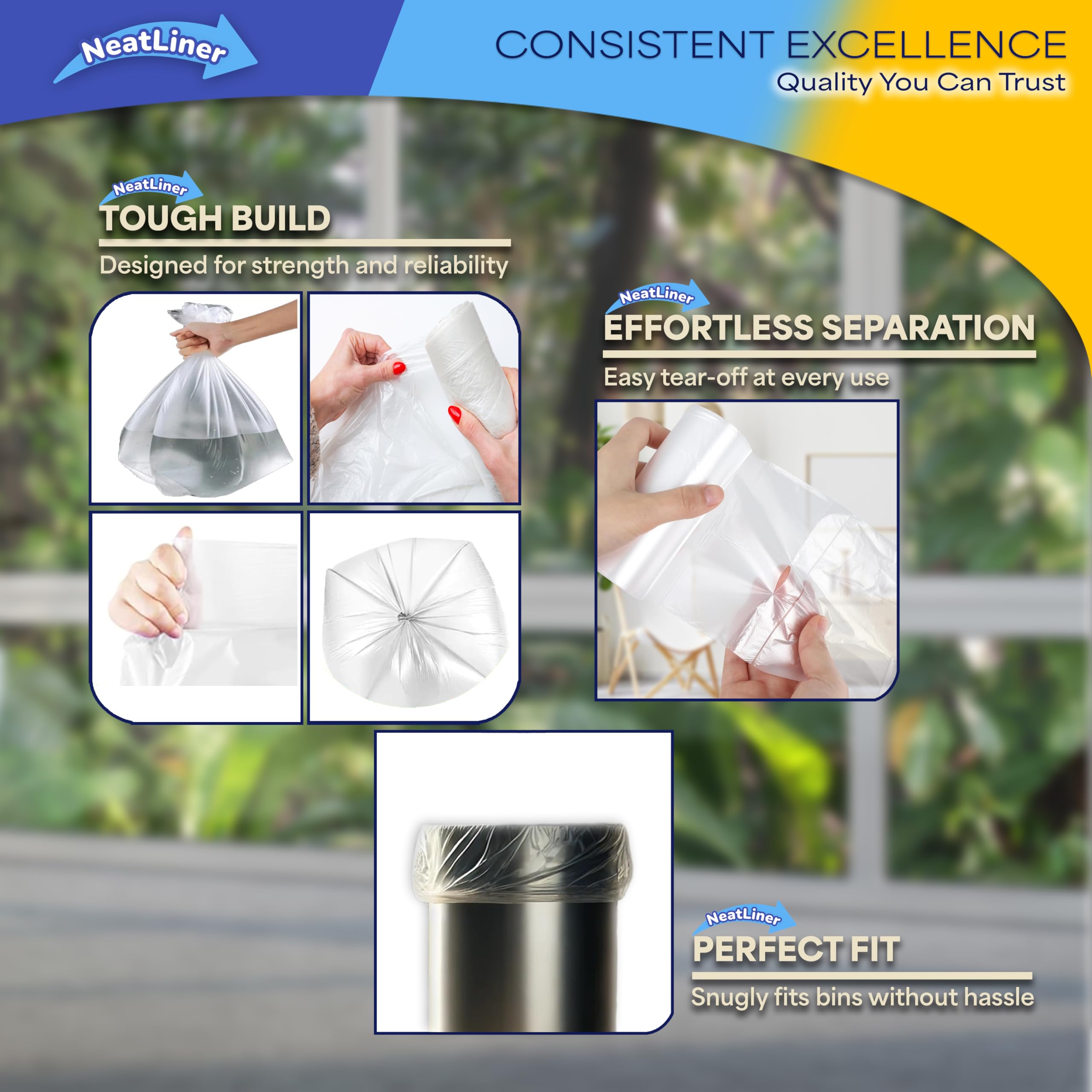 NeatLiner 250 Count 15L Clear Small Garbage Bags – 4 Gallon Trash Bags for Bathroom, Office, Bedroom, Pet Waste – Durable, Unscented, Leak-Resistant Liners