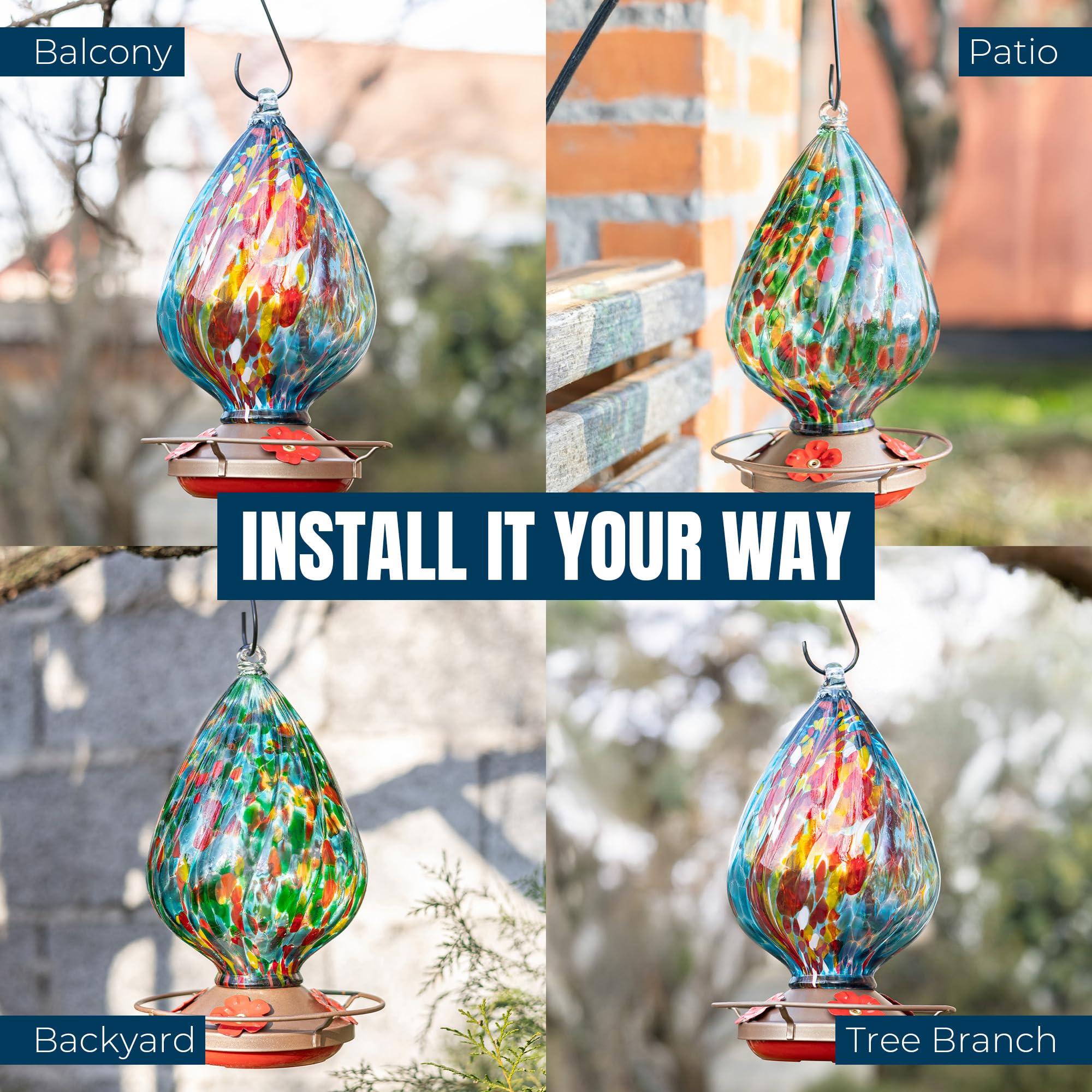 MEKKAPRO Glass Hummingbird Feeder, Hanging Hummingbird Feeders for Outdoors, 4 Feeding Ports, Glass Hummingbird Feeders for Outdoors Hanging, Includes S-Hook and Cleaning Brush (Waterdrop, Green)