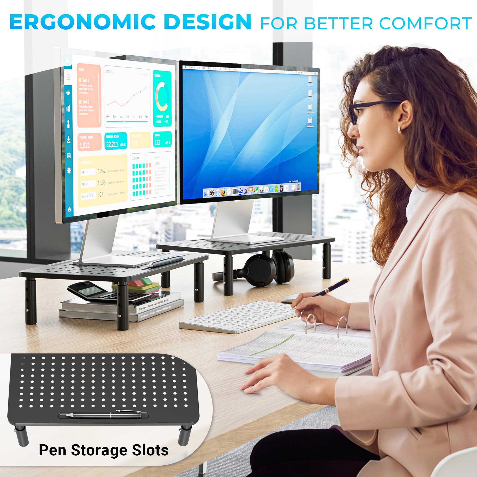 BONTEC 2 Pack Monitor Stand Riser, 3 Height Adjustable Monitor Stand for Desk, Computer Monitor Riser Stand with Mesh Platform for Laptop, Computer, iMac, PC (Black, 2 Pack Normal)