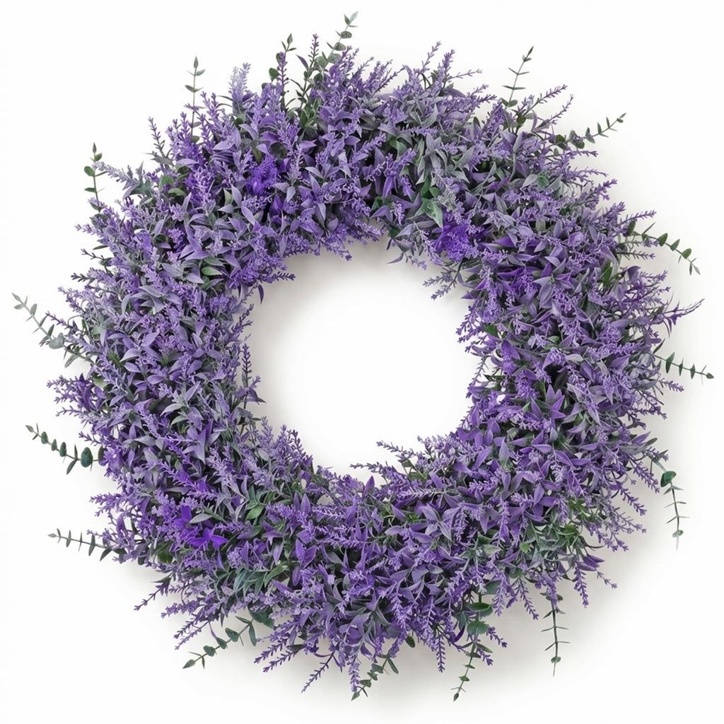 TOCHGREEN Lavender Wreath for Front Door 23Inch Artificial Spring Summer Purple Lavender Wreaths All Seasons Eucalyptus Wreaths for Indoor Outdoor Outside Wall Room Home Farmhouse Window Decor