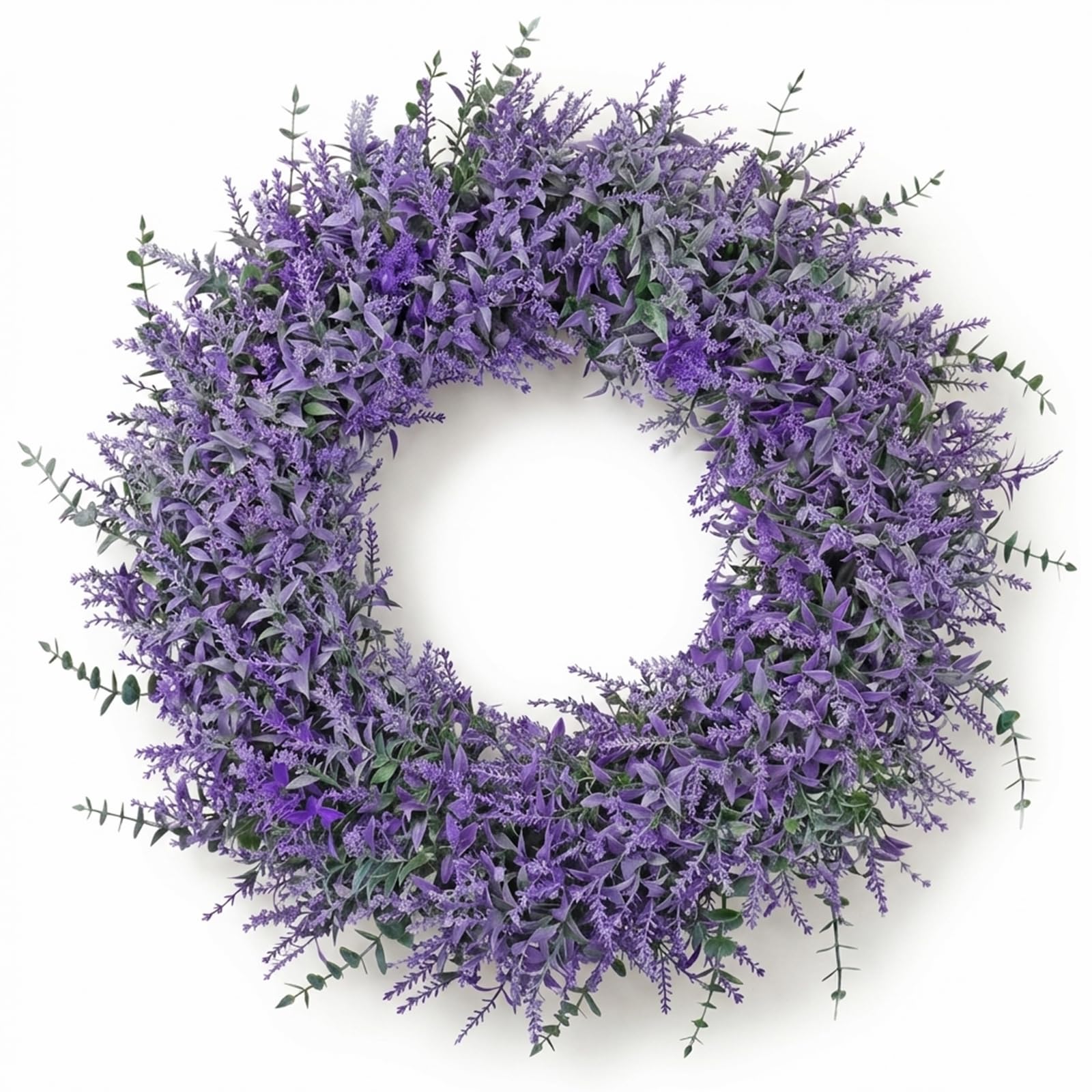 TOCHGREEN Lavender Wreath for Front Door 23Inch Artificial Spring Summer Purple Lavender Wreaths All Seasons Eucalyptus Wreaths for Indoor Outdoor Outside Wall Room Home Farmhouse Window Decor
