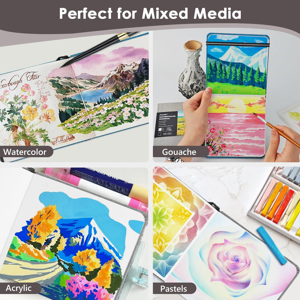 Funto Watercolor Journal, Square, Dual-Sided Cold-Pressed Paper, 5.5" x 5.5", Portable 2-Pack, 48 Pages Each, Elastic Band, 110 lb/230gsm, Art Supplies for Mixed Media