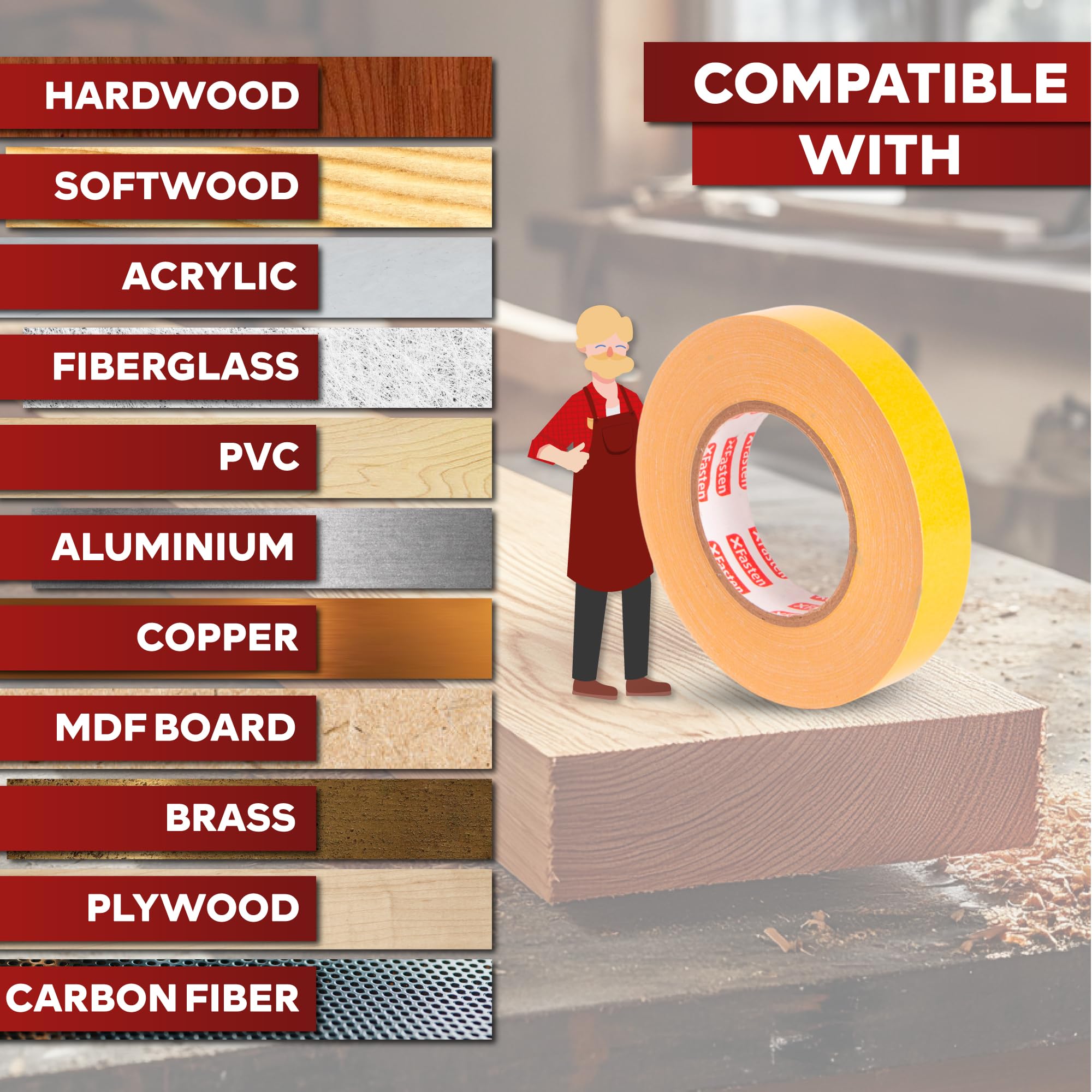 XFasten Double Sided Woodworking Tape, 1 Inch x 180 Feet (3-Pack) - Residue-Free, Surface-Safe Router Template Tape for Delicate MDF, Hardwood, Acrylic, Metal, CNC Machines, Woodworkers, and Turners