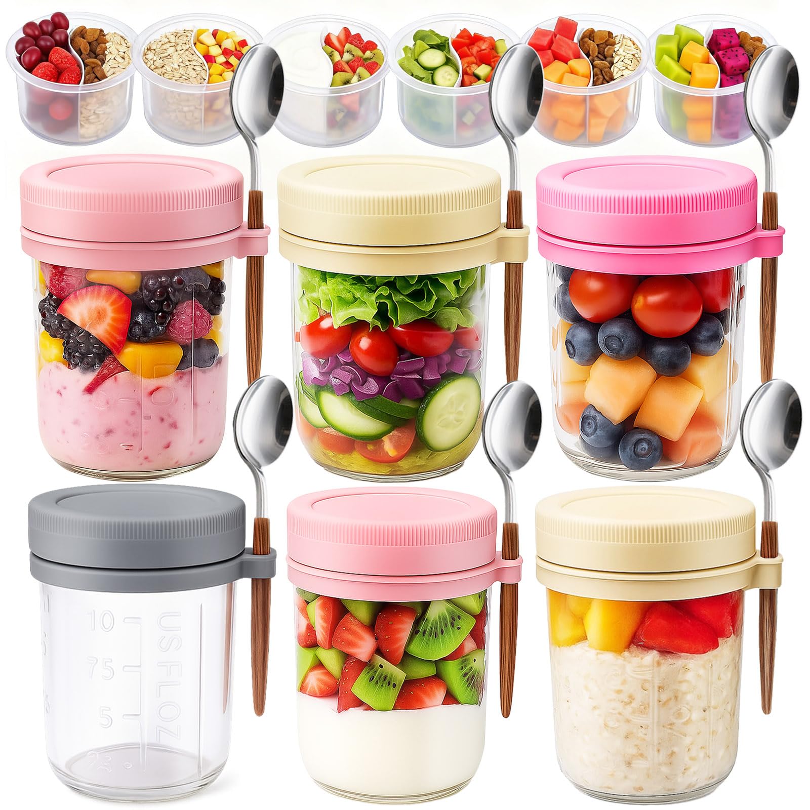6 Packs Overnight Oats Containers with Lids, 16 Oz Glass Mason Jars with Spoons and Removable Separate Compartments Large Airtight Overnight Oats Jars for Milk Yogurt Fruit