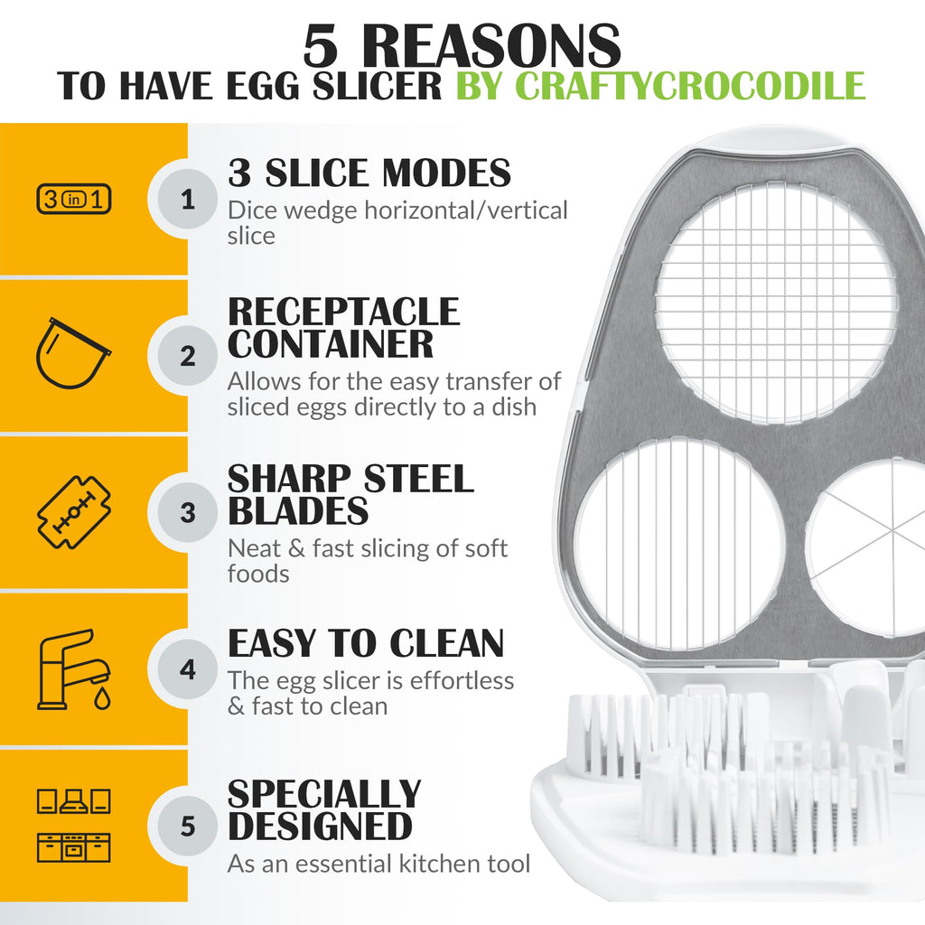 CraftyCrocodile Egg Slicer for Hard Boiled Eggs - 3 Slice Modes Egg Cutter, Heavy Duty, Stainless Steel Dicer - Hand Chopper Kitchen Tool for Strawberry, Mushroom, Grape, Cherry Tomato - White