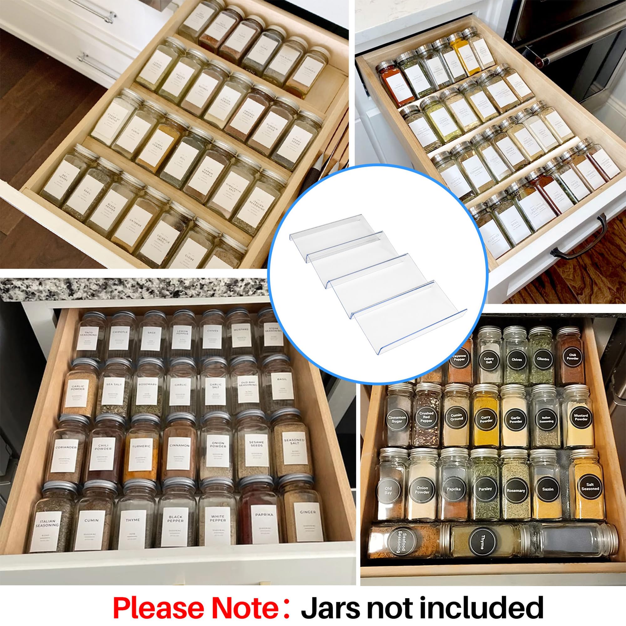 MIUKAA Clear Acrylic Spice Drawer Organizer, 4 Tier- 1 Set Seasoning Jars Drawers Insert, Kitchen Spice Rack Tray for Drawer/Countertop (Jars not included)