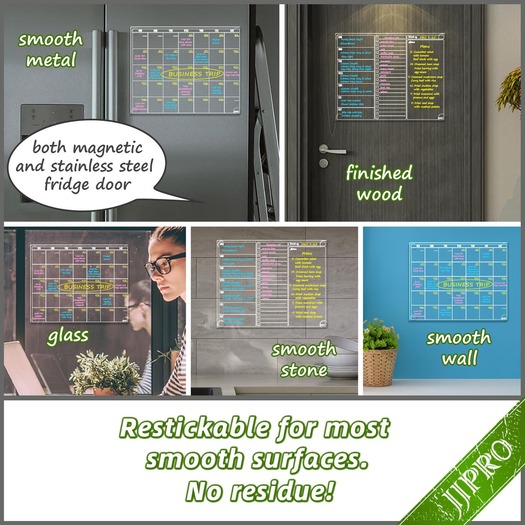 JJPRO Non-Magnetic Dry Erase Calendar for Fridge, Monthly Calendar, Weekly Planning Board Bundle for All Smooth Surfaces. Clear Reusable Calendar Stick to Fridge,Cabinet,Door&Glass