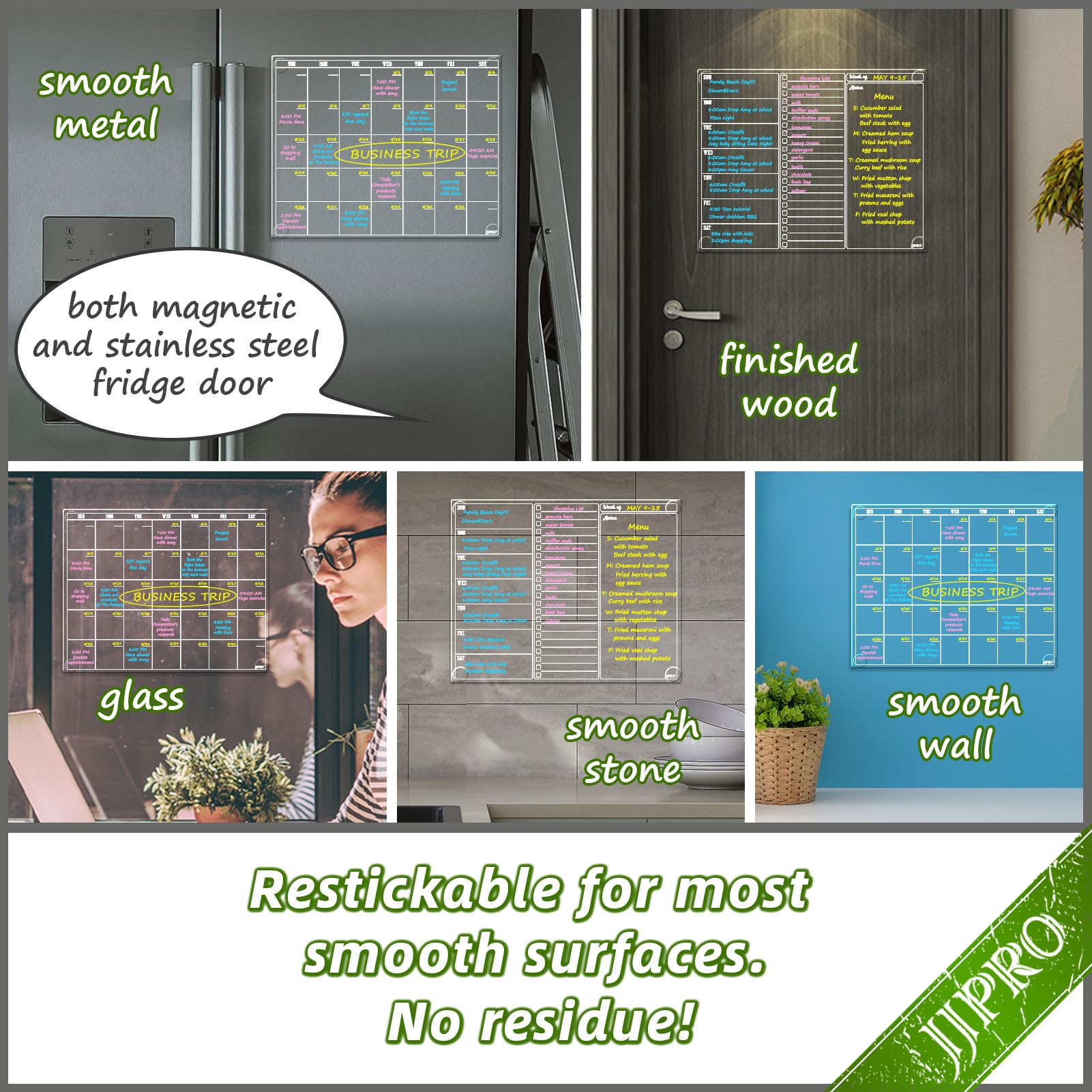 JJPRO Non-Magnetic Dry Erase Calendar for Fridge, Monthly Calendar, Weekly Planning Board Bundle for All Smooth Surfaces. Clear Reusable Calendar Stick to Fridge,Cabinet,Door&Glass