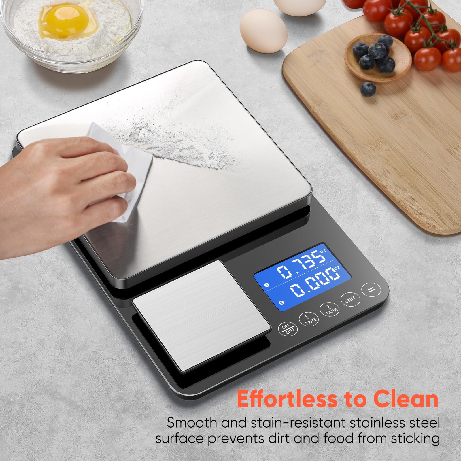 KUAIVO Dual Platform Digital Kitchen Scale, Two Scales in One, 33lb/15kg & 0.001oz/0.01g Precision, Coffee & Food Scale, Dual Display, Stainless Steel, Tare, g/oz/lb/ml