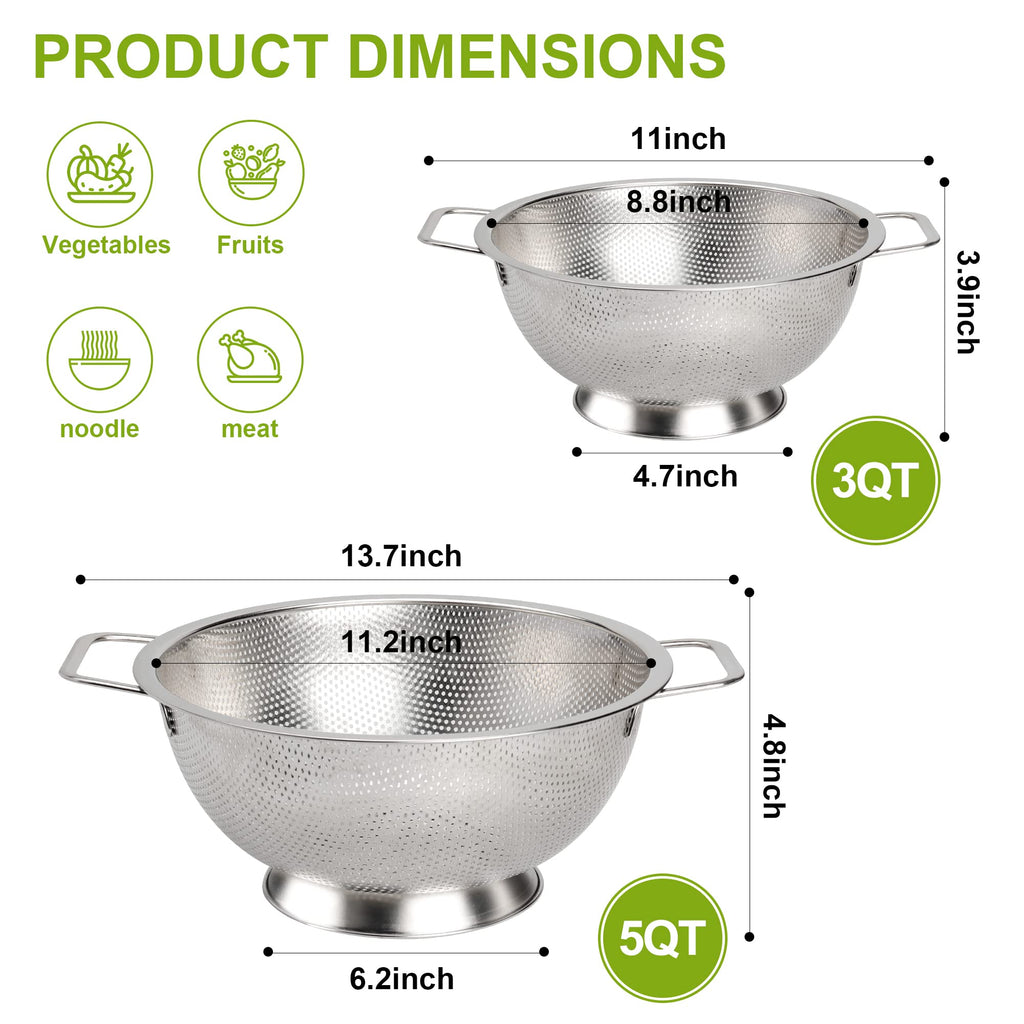 Colander Stainless Steel 3-Quart, Strainer for Kitchen Food, Dishwasher Safe