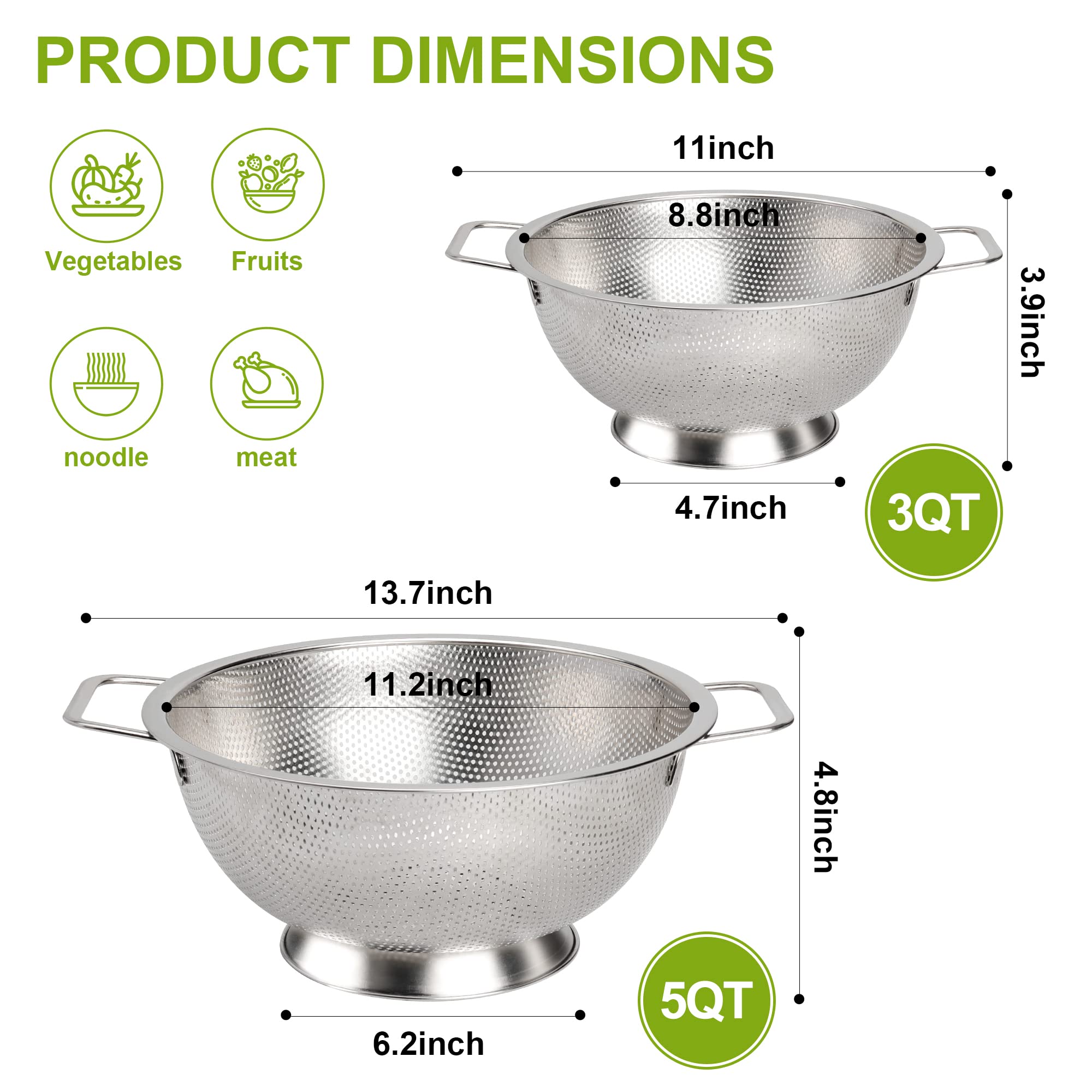 Colander Stainless Steel 3-Quart, Strainer for Kitchen Food, Dishwasher Safe
