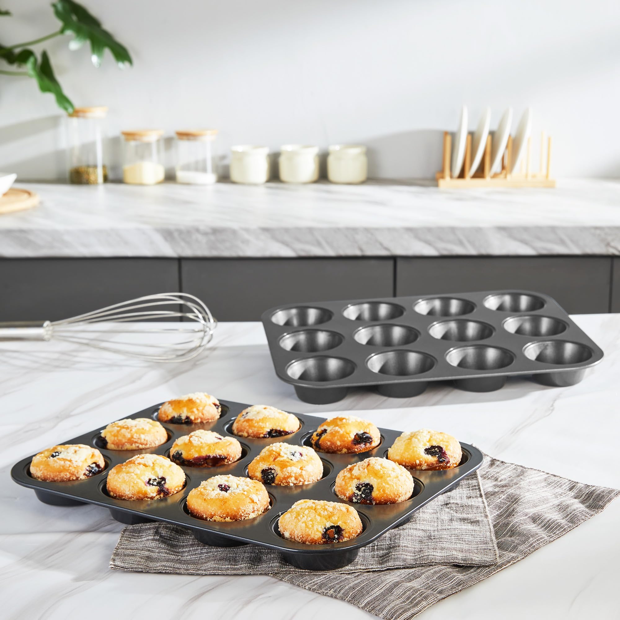 HONGBAKE Muffin Pan for Baking, Nonstick Cupcake Tin 12 Cup, 2 Pack Cup Cake Tray, Premium & Dishwasher Safe - Dark Grey