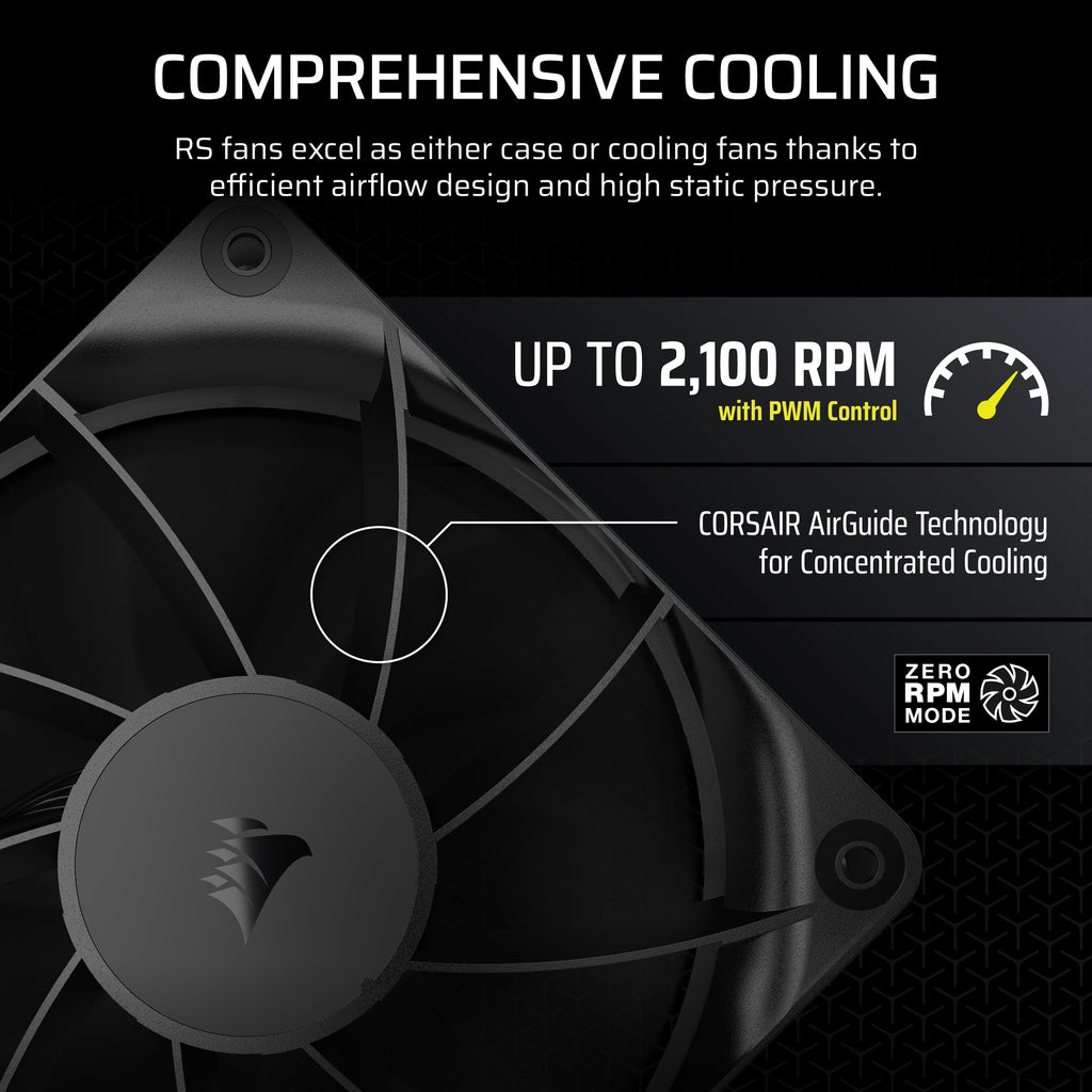 CORSAIR RS120 120mm PWM Fan – Daisy-Chain Connection – Low-Noise – Magnetic Dome Bearing – Single Pack – Black