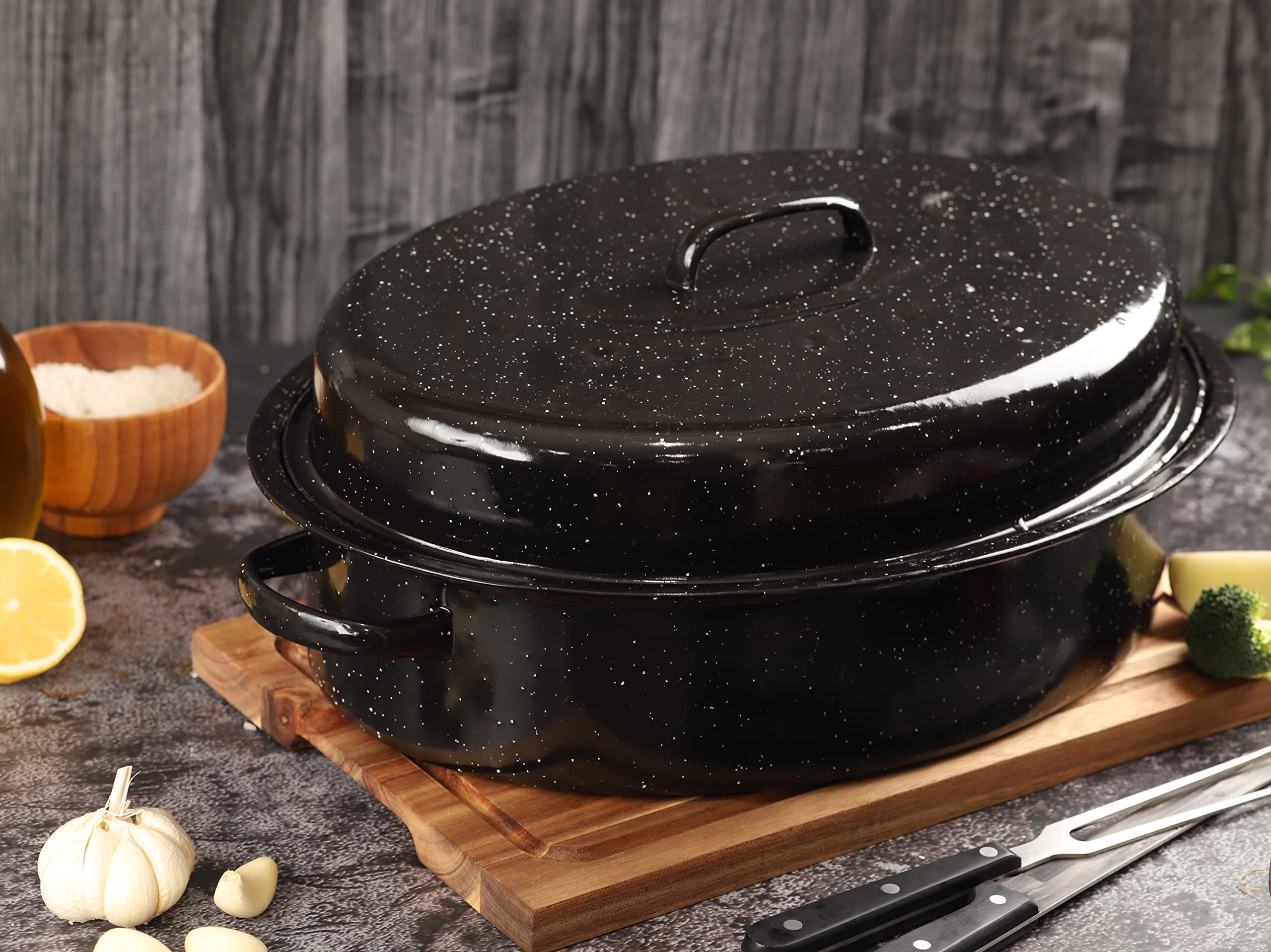 GOURMEX Black Ceramic Enamel Coated Roasting Pan | Dutch Oven Pot with Lid | Dishwasher Safe, Oven Safe, Freezer Safe | Ideal for Chicken, Turkey Roasting Pan (12lb Oval)