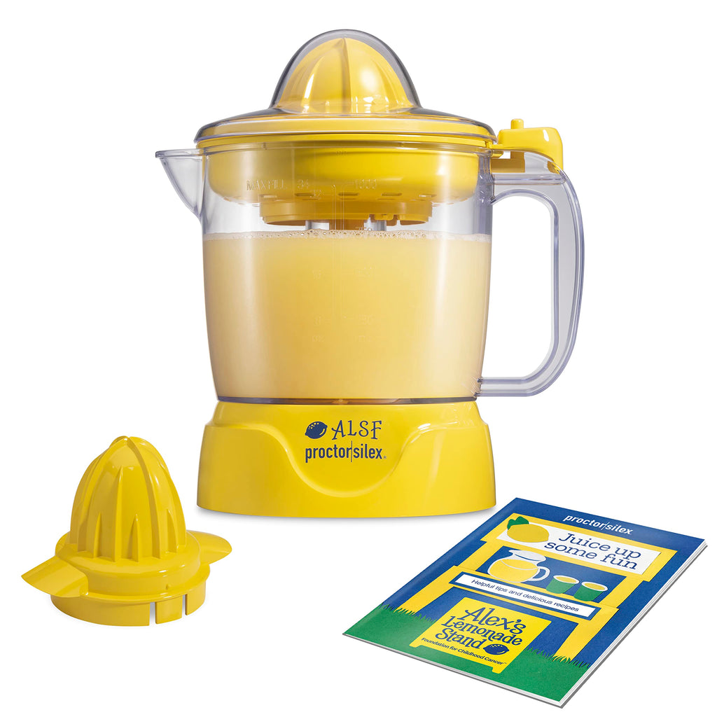 Proctor Silex Alex's Lemonade Stand Electric Citrus Juicer Machine, 34 oz. Pitcher, Pressure Activated, for Lemons, Limes and Oranges, With Reamers, pulp strainer& Lid, 30 Watts, Yellow (66341)