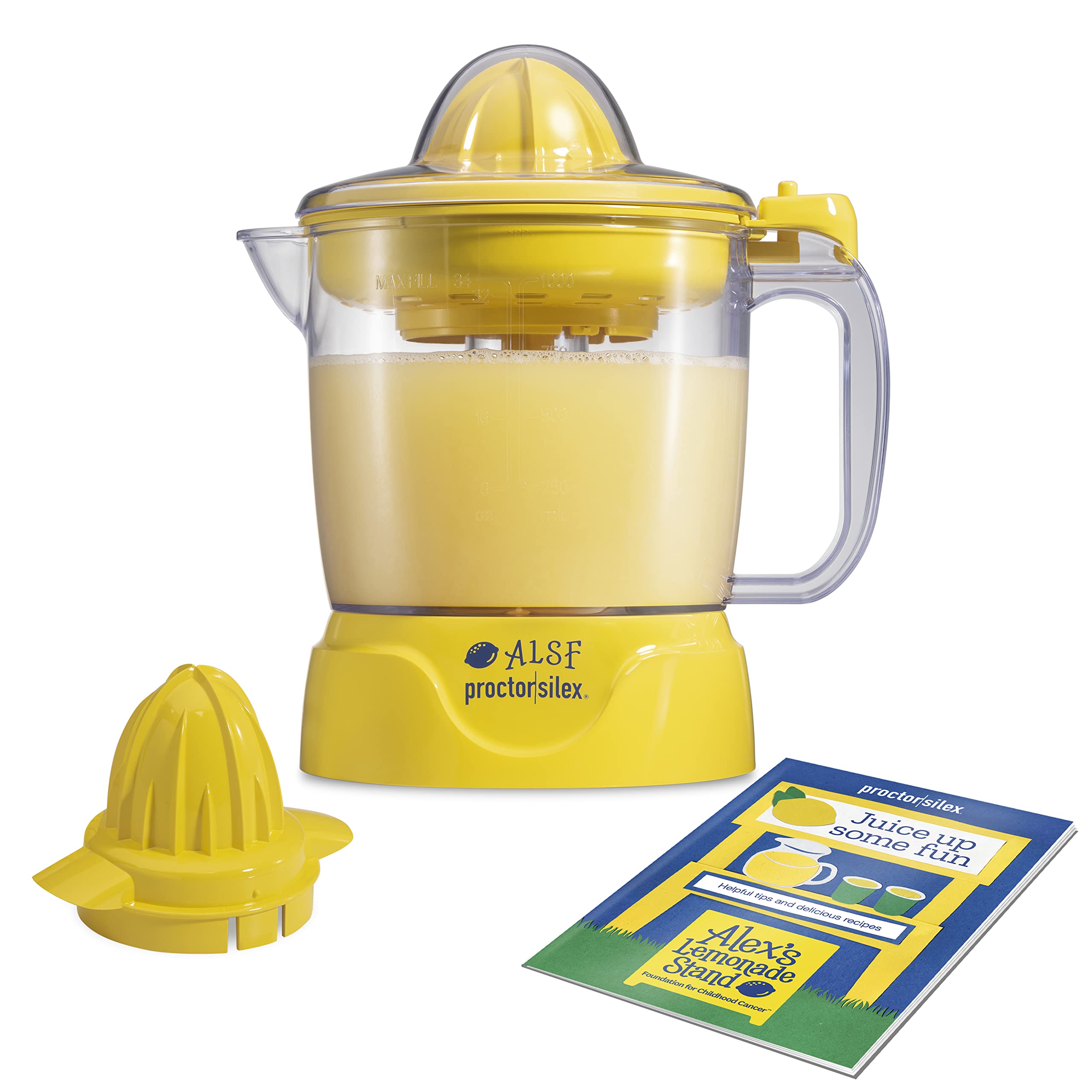 Proctor Silex Alex's Lemonade Stand Electric Citrus Juicer Machine, 34 oz. Pitcher, Pressure Activated, for Lemons, Limes and Oranges, With Reamers, pulp strainer& Lid, 30 Watts, Yellow (66341)