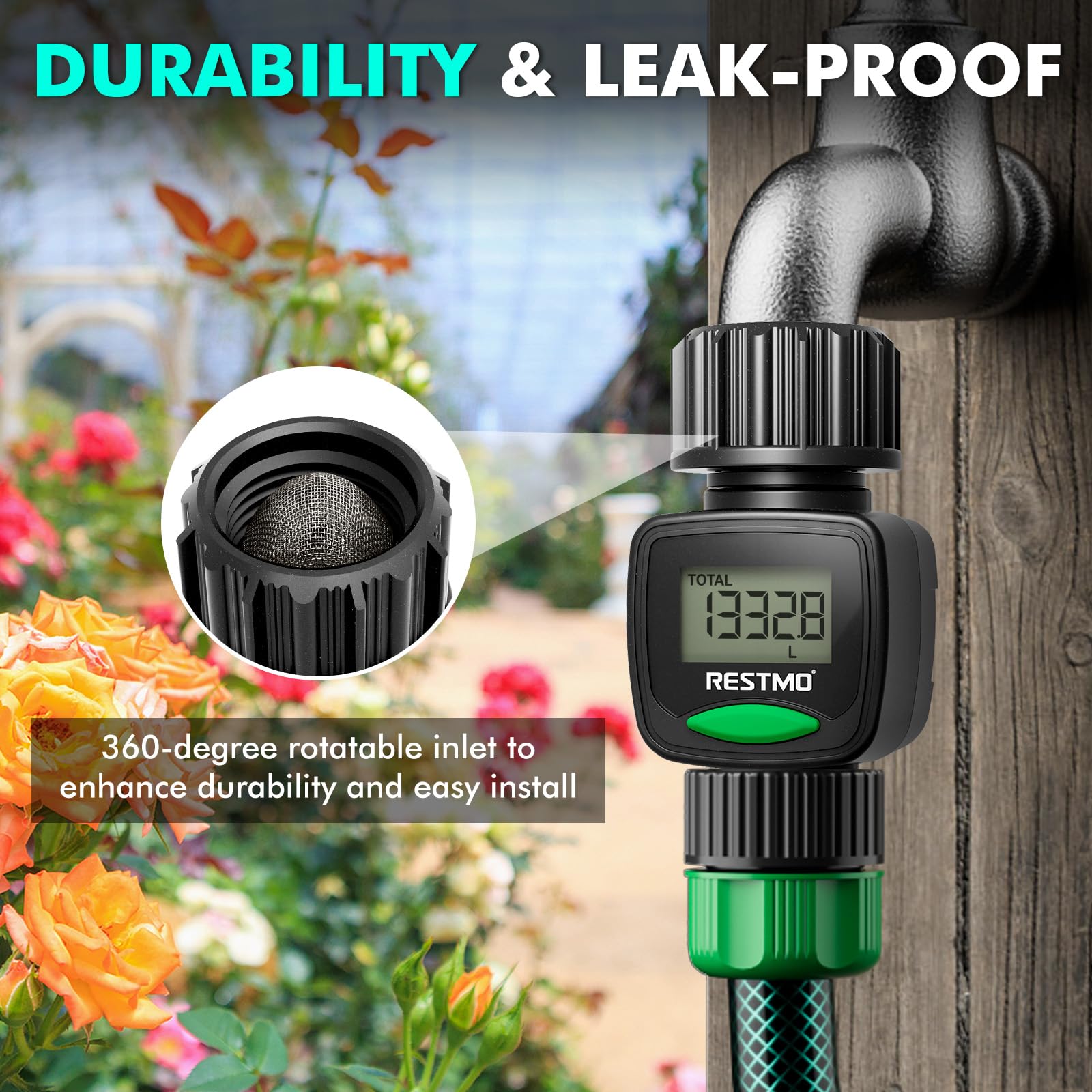 RESTMO Water Flow Meter, High Measure Accuracy, Measure Gallon/Liter Consumption and Flow Rate for Outdoor Garden Hose Watering, RV Water Tank Filling, Lawn Sprinkler and Nozzle Sprayer
