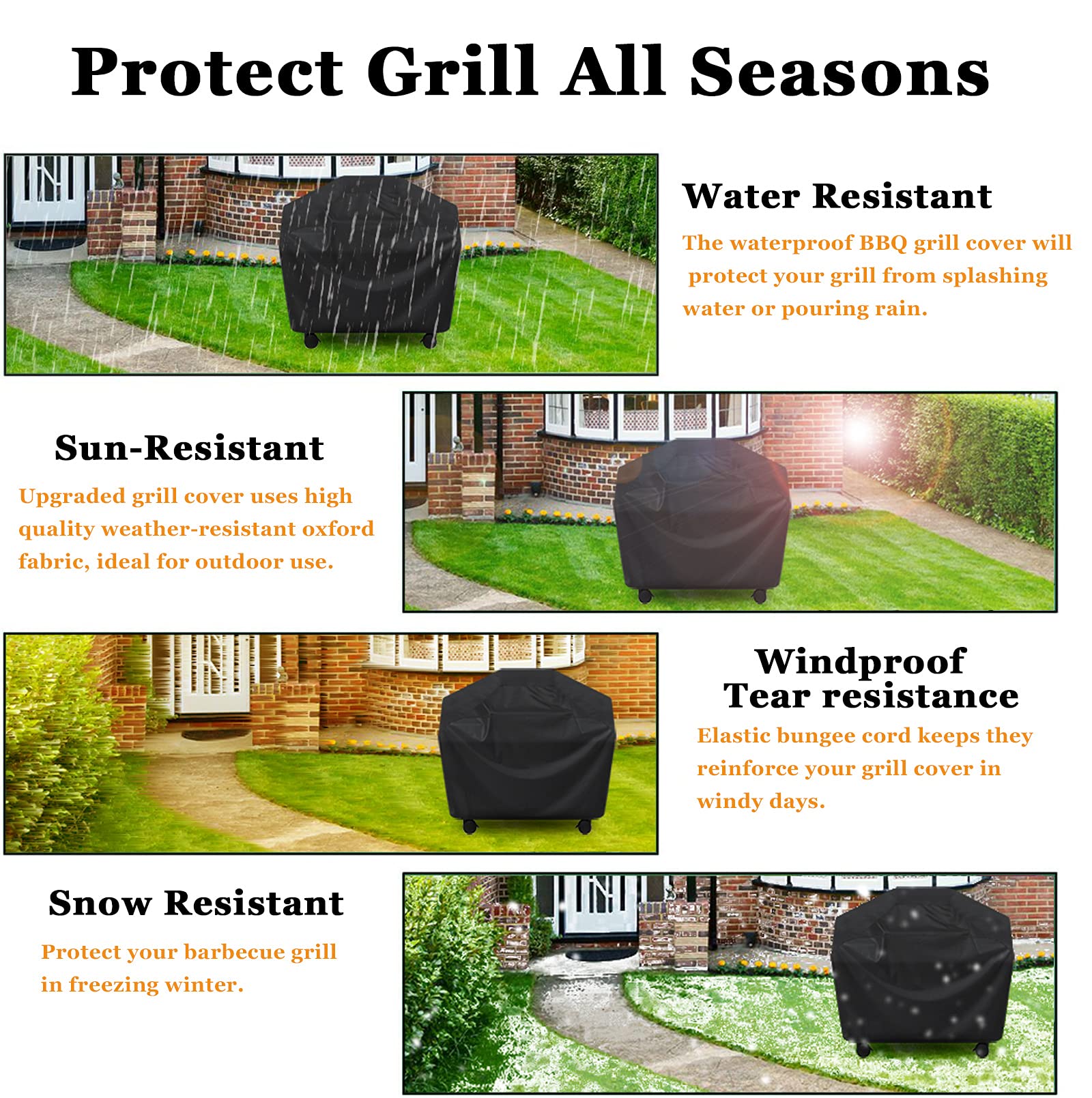 Grill Cover, BBQ Cover 58 inch,Waterproof BBQ Grill Cover,UV Resistant Gas Grill Cover,Durable and Convenient,Rip Resistant,Black Barbecue Grill Covers,Fits Grills of Weber,Brinkmann,Char-Broil etc (58 Inch)