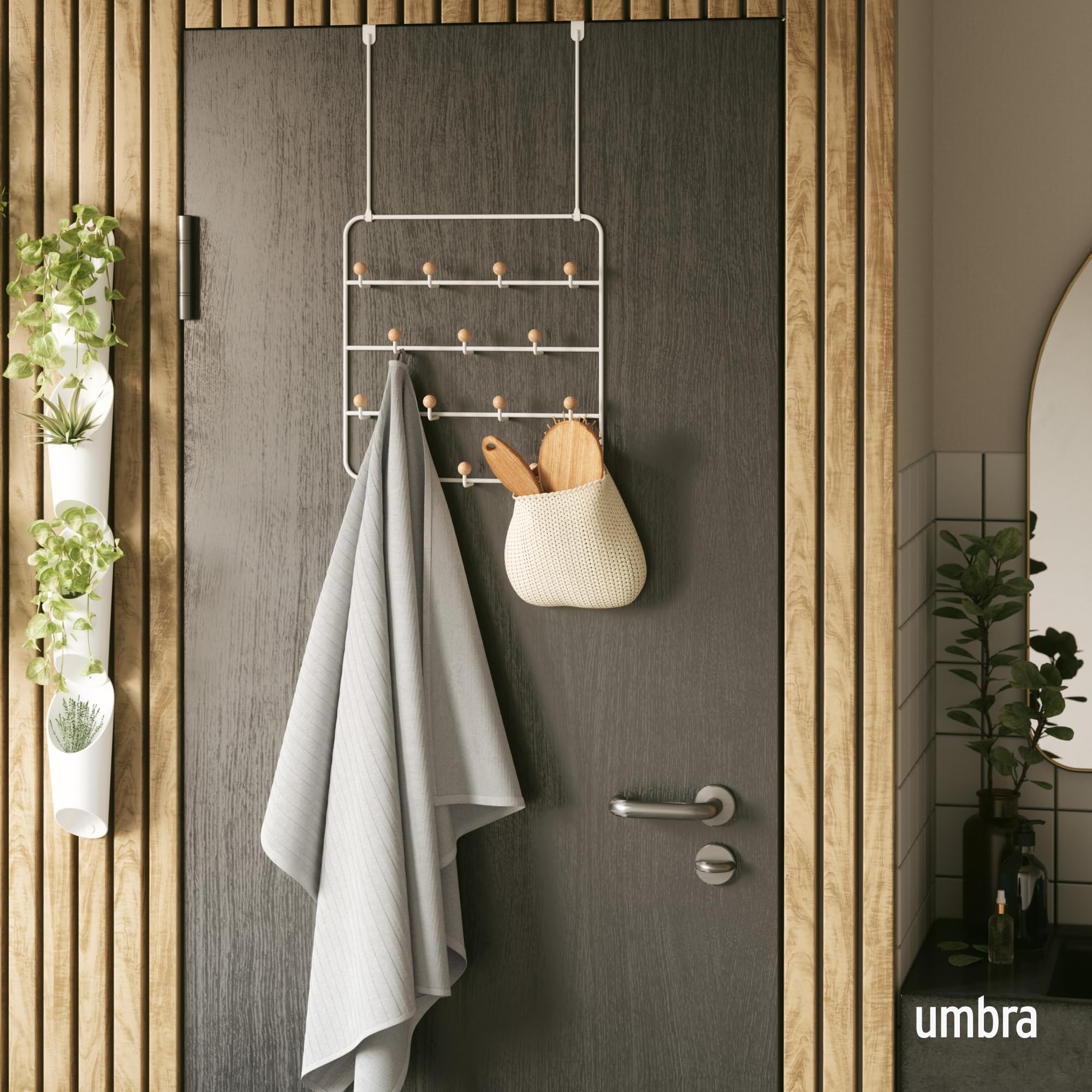 Umbra Estique Over The Door Coat Rack & Multi-Use Organizer, for Coats, Bags, Hats & More, White/Natural