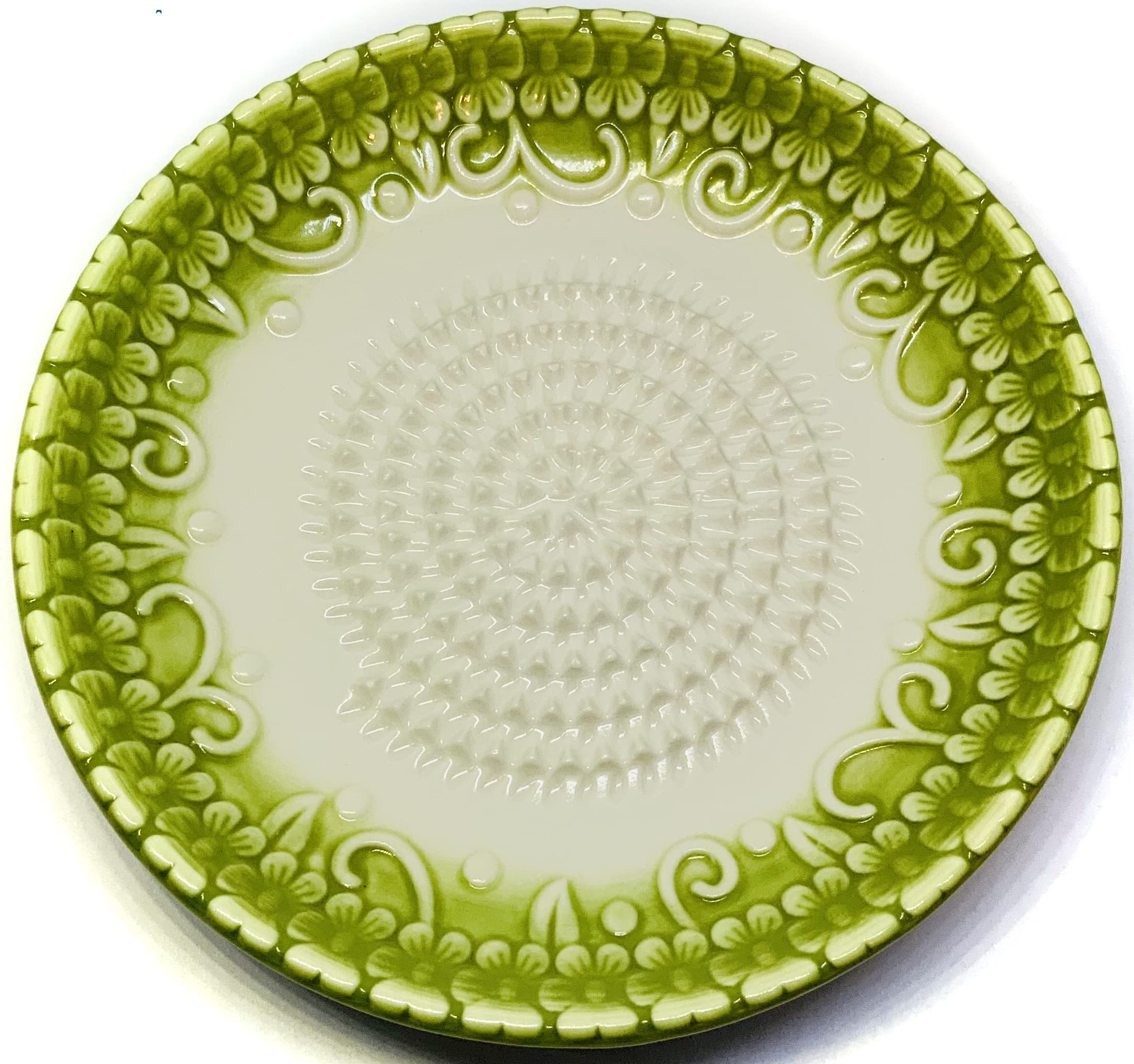 BonCera, All-in-one Premium Ceramic Garlic Grater Plate 4-Piece Set - Green Embossed Design and Style - For Garlic, Ginger, Chocolate, and more! - Comes with 5.25" Plate, Peeler, Brush, and Stand