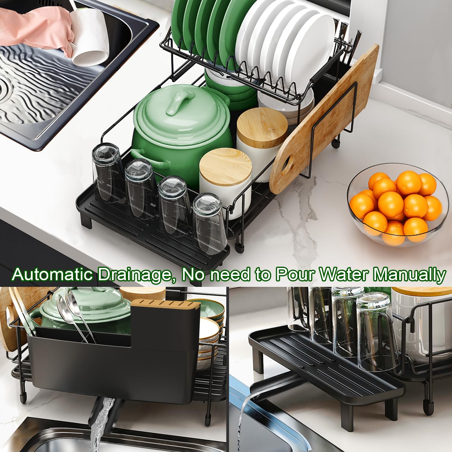 Runnatal Large Dish Drying Rack with Drainboard Set, Extendable Dish Rack, Utensil Holder, Cup Holder, Large-Capacity 2-Tier Dish Drying Rack, Expandable Dish Drainer for Kitchen Counter