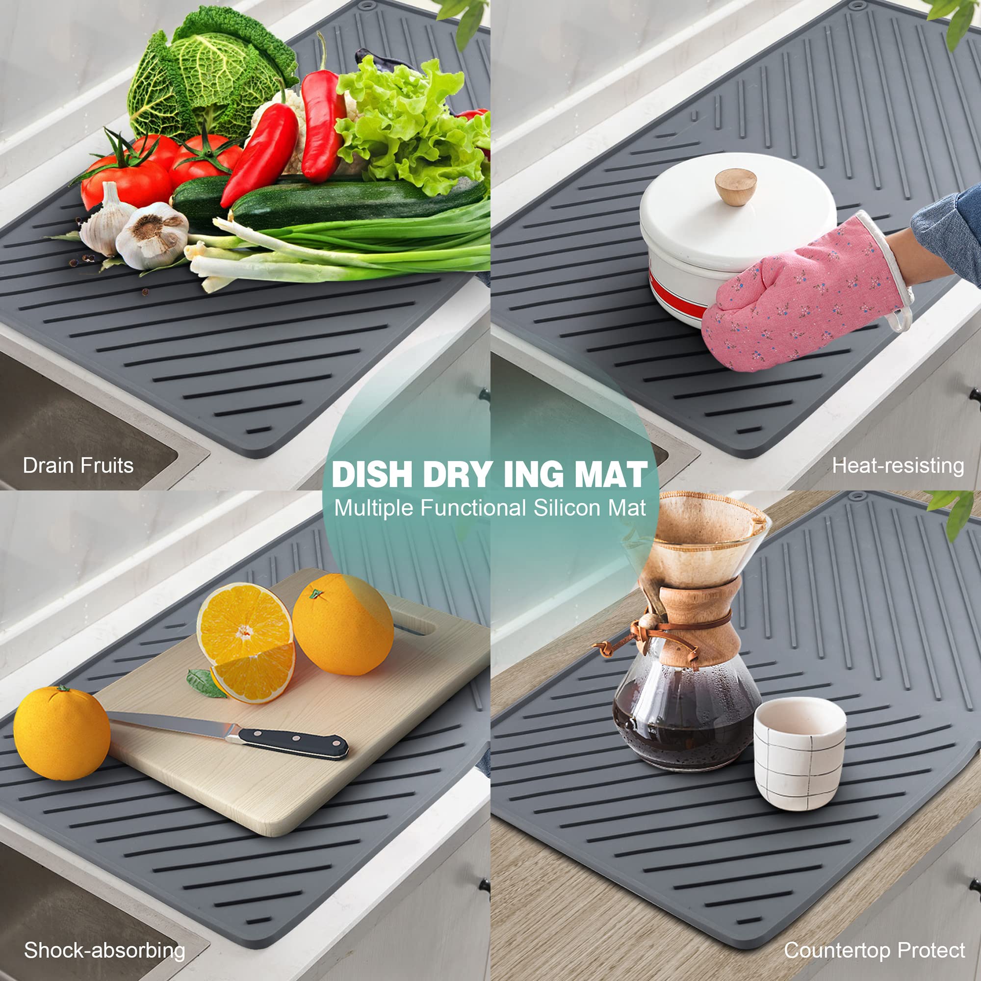 IYYI Dish Drying Mat, Silicone Dish Drying Mat for Kitchen Counter, Extra Thick & Large Draining Mat, Non-Slip Drainboard, Heat Resistant Pot Drainer, Dishwasher Safe (24" x 16", Black)