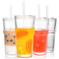 AMYOOLE 20 oz Ribbed Glass Tumblers with Lids and Straws,Clear Drinking Glasses Set of 4,Reusable Vintage Iced Coffee Cups,Leak Proof Thick Glass Cups for Juice,Cocktail,Smoothie,Beer,Boba