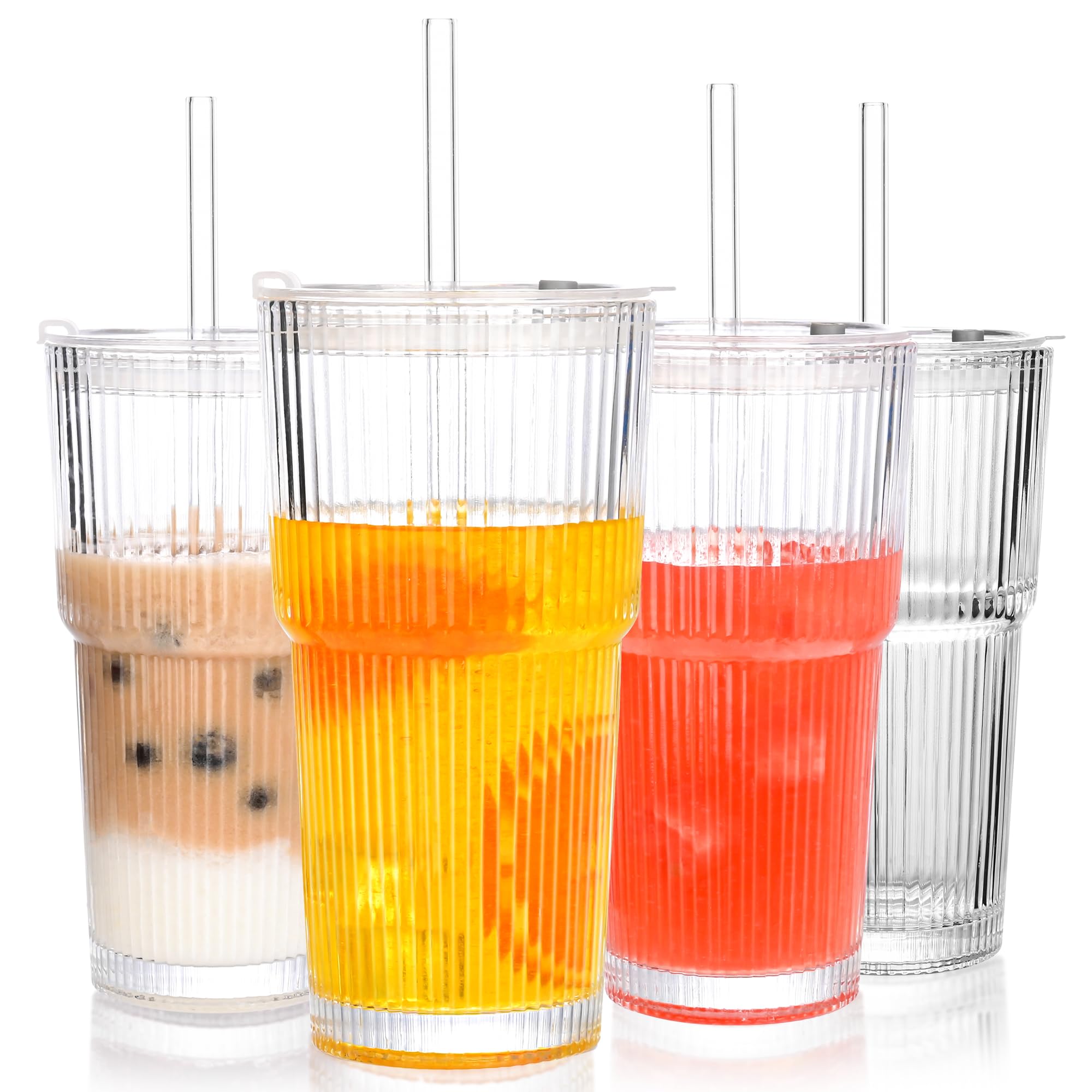 AMYOOLE 20 oz Ribbed Glass Tumblers with Lids and Straws,Clear Drinking Glasses Set of 4,Reusable Vintage Iced Coffee Cups,Leak Proof Thick Glass Cups for Juice,Cocktail,Smoothie,Beer,Boba