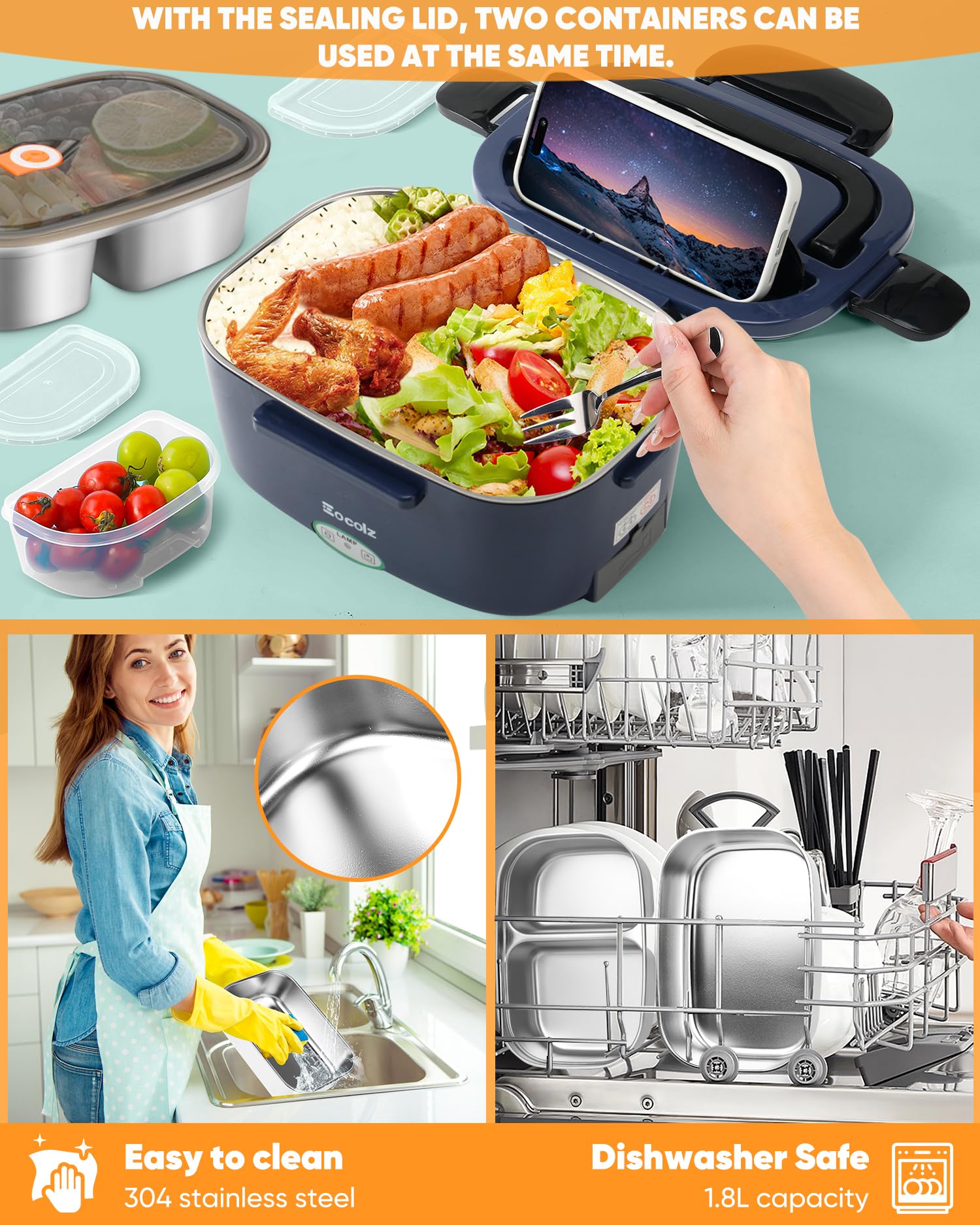 Electric Lunch Box Food Heater - 100W Fast Heating Lunch Box 12V/24V/110-230V Warming Lunchbox, Dual 1.5L Containers, Portable Food Warmer for Car/Truck/Travel, with Spork & Insulated Carry Bag