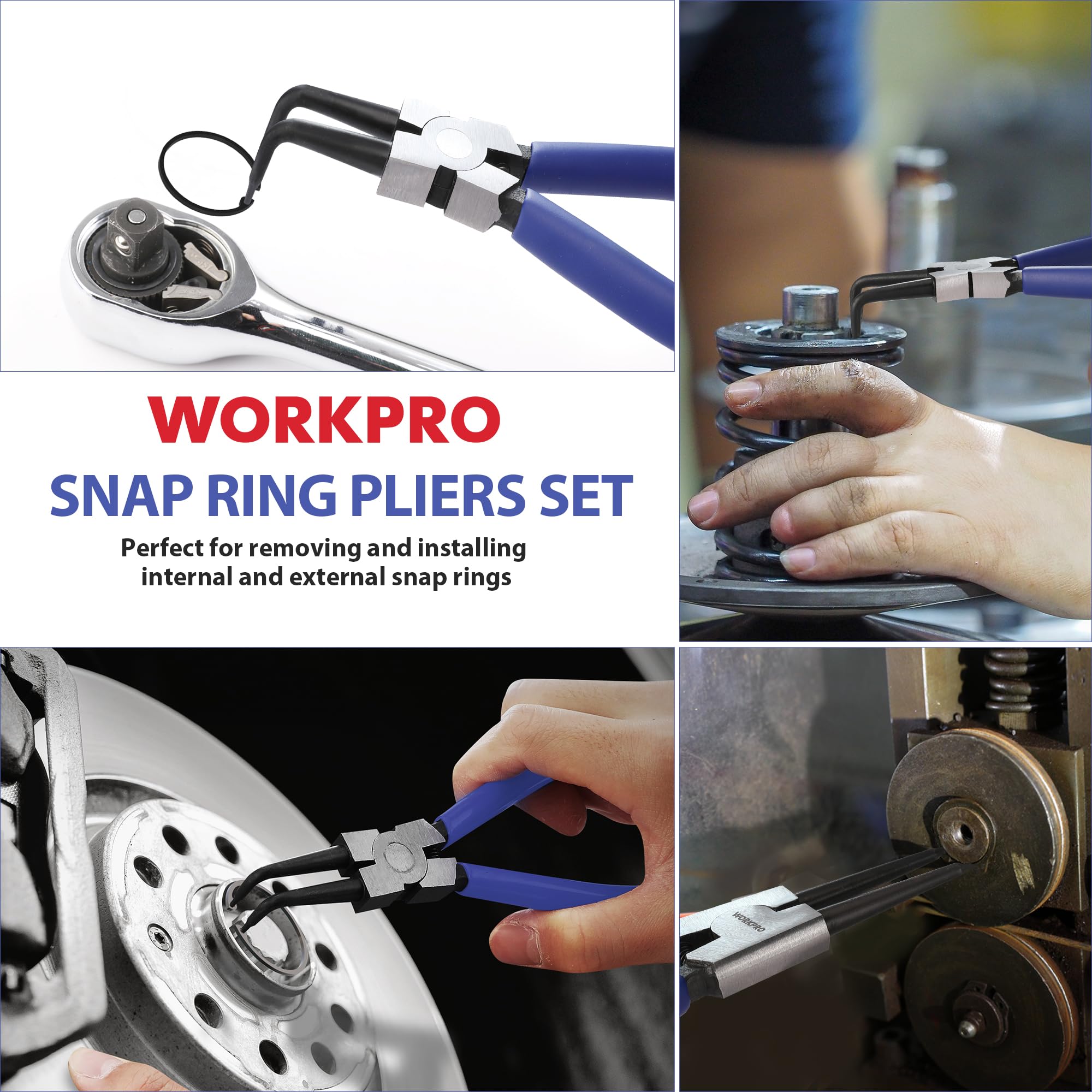 WORKPRO 4-Piece Snap Ring Pliers Set, 7-Inch Internal and External Circlip Pliers Kit with Straight and Bent Jaw, for Ring Remover Retaining, Storage Pouch Included