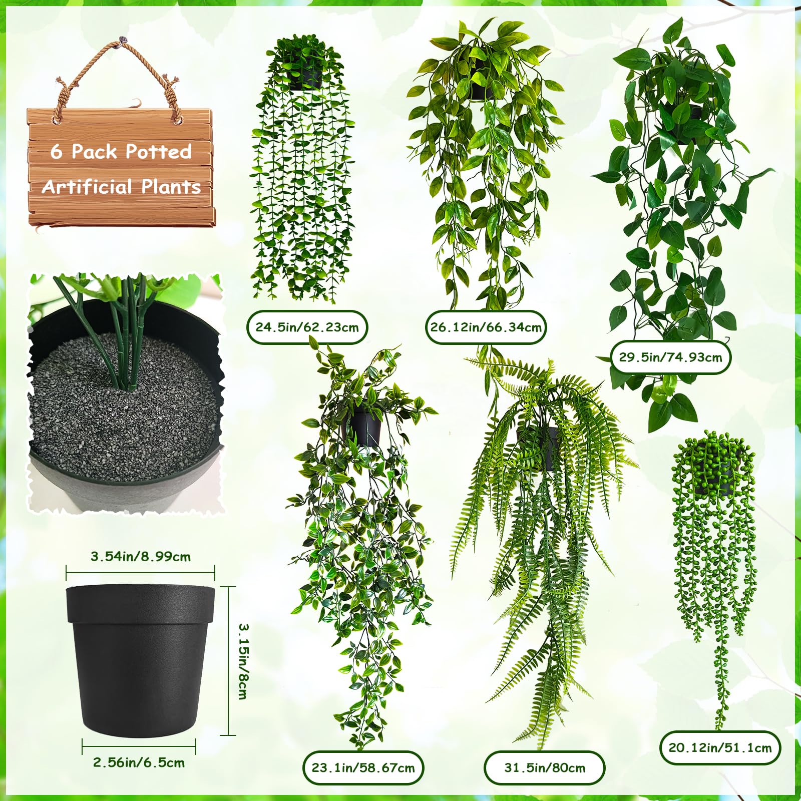 6 Pack Potted Artificial Plants for Decor Indoor, Fake Plant with Vines On Wall Decor, Plante Artificielle Interieur for Home Decor and Office Decor, Fake Hanging Plants Decor Indoor with Pots