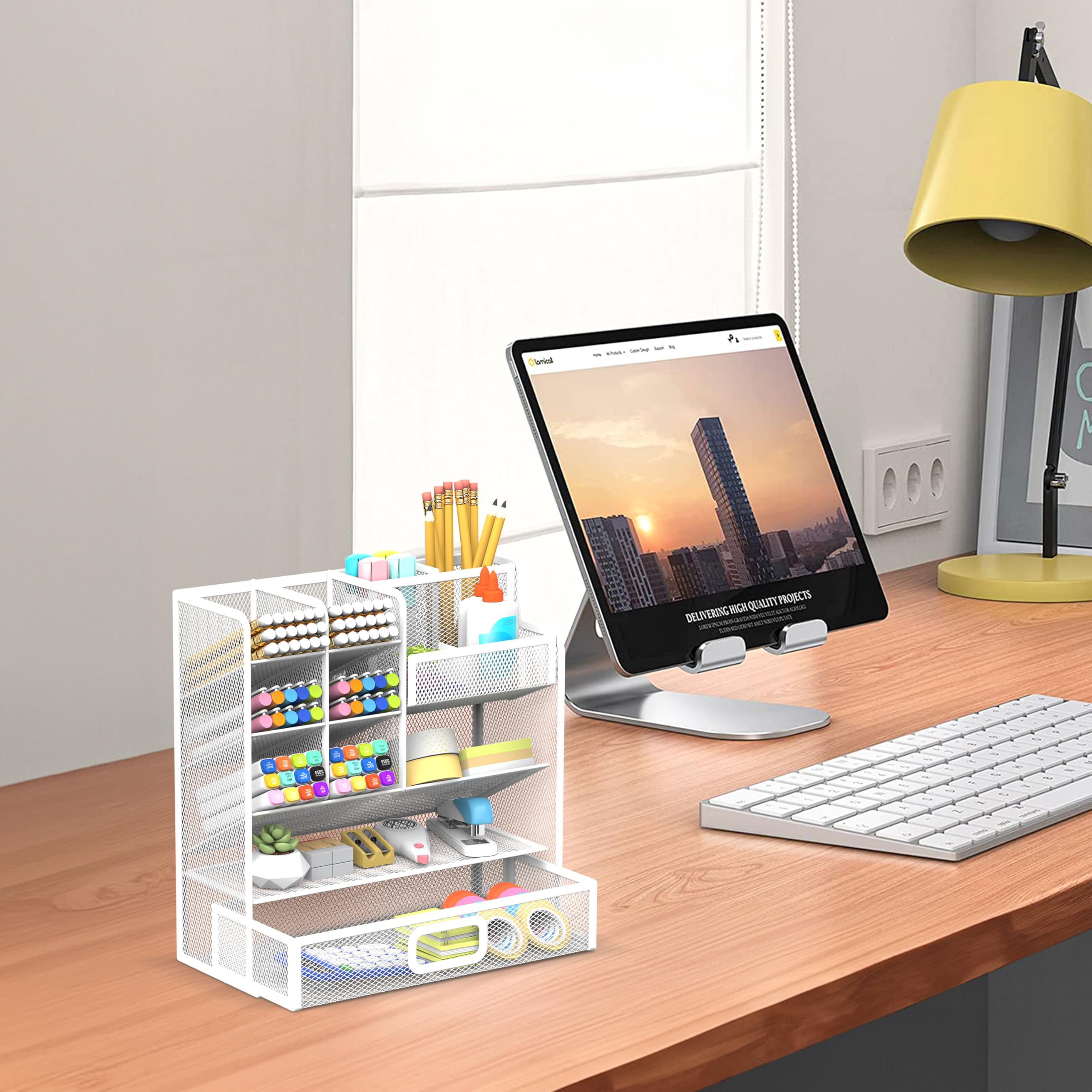 Mesh Pen Holder Desk Organizer, Multi-Function Pen Organizer with Drawer, Cute Desk Organizers and Accessories for Office Supplies White