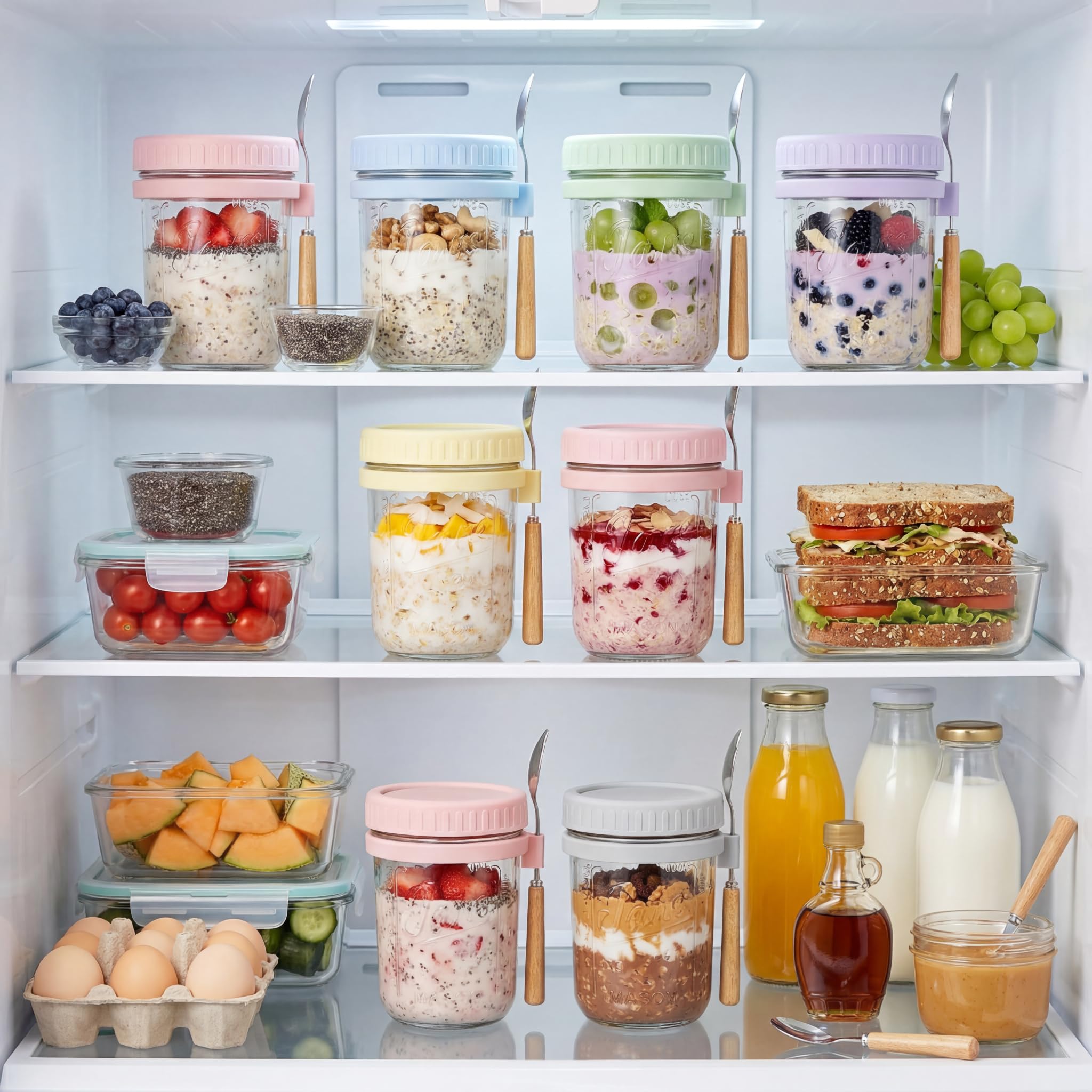 HomArtist Glass Overnight Oats Containers with Lids and Spoon, 16 oz Wide Mouth Mason Jars for Overnight Oats, Cereal, Yogurt & Salad Lunch Container with Measurement Marks - Pink 4 Pack