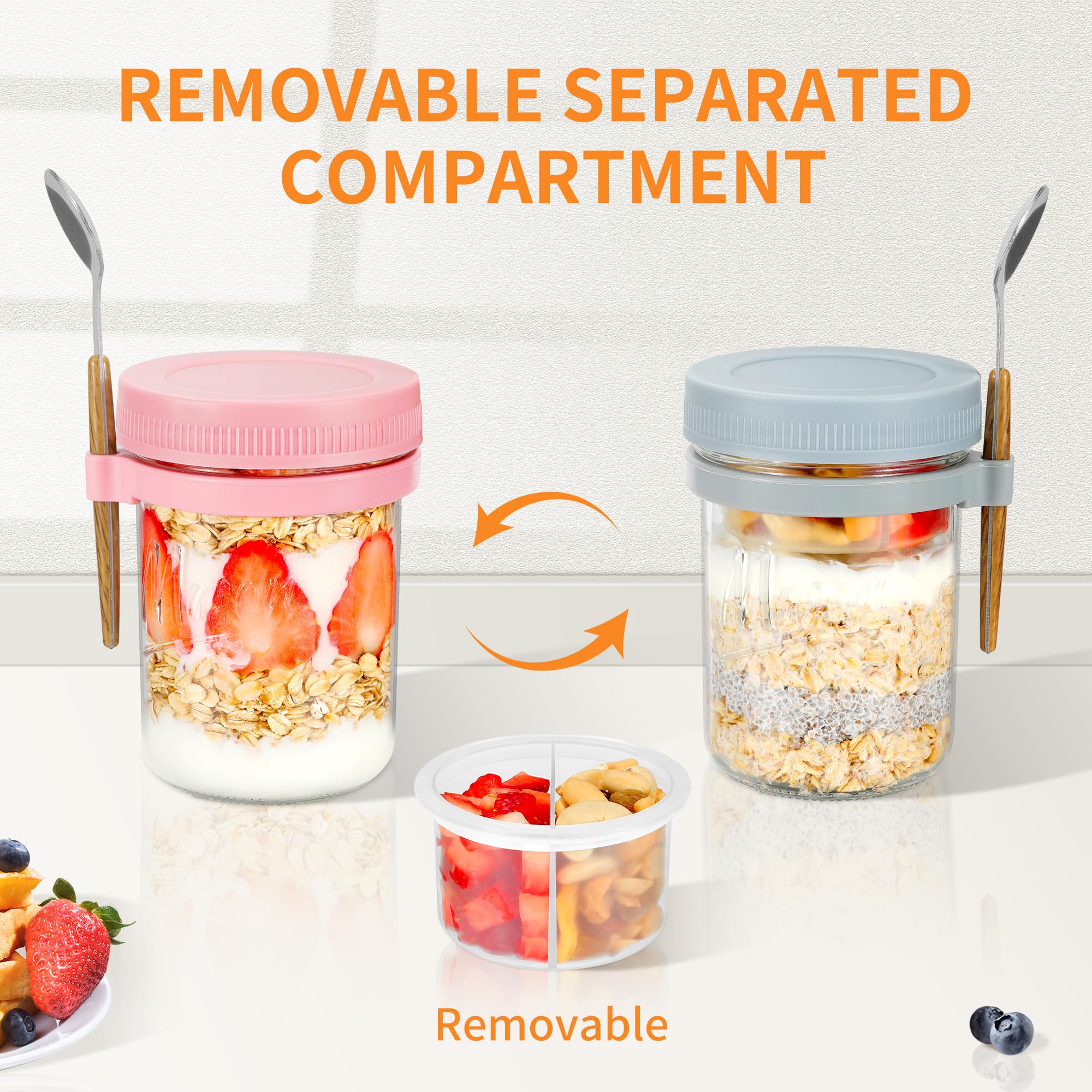 Xyptorix 4 Pack Overnight Oats Containers with Lids and Spoons, 16 oz Mason Jars with Removable Separate Compartments, Airtight and Leak-Proof Glass Jars for Chia Pudding, Yogurt, and Oatmeal
