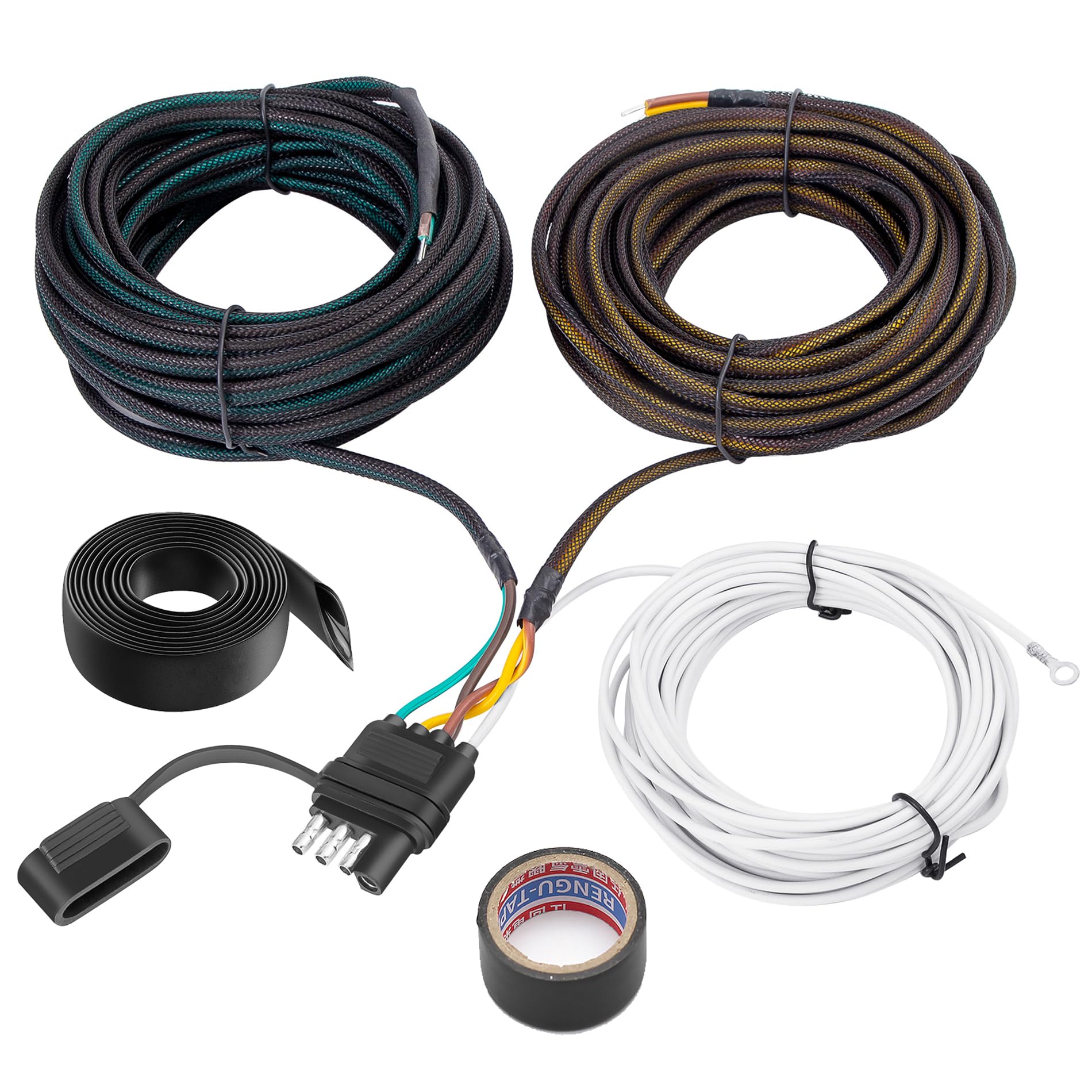 Bitiontry Upgraded 4 Pin 5 Wire Trailer Wiring Harness 26FT for Rewiring Trailer Both-Side Taillights, Pure Copper Wishbond Trailer Light Kit 4 Way Flat 5 Wire Trailer Plug w/Nylon Net Tube Protection