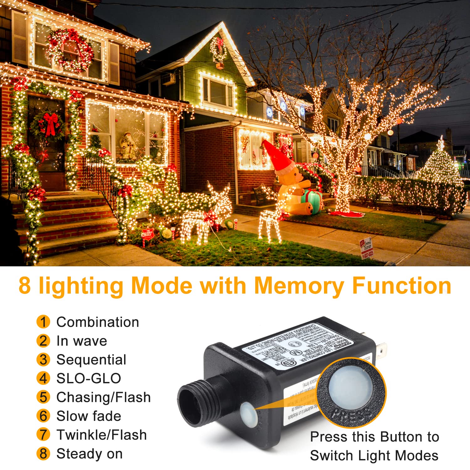 Haili 105FT 300 LED Christmas Lights Outdoor, Plug in 8 Mode String Lights for Christmas Tree, Party, Patio, House Decoration(Warm White)