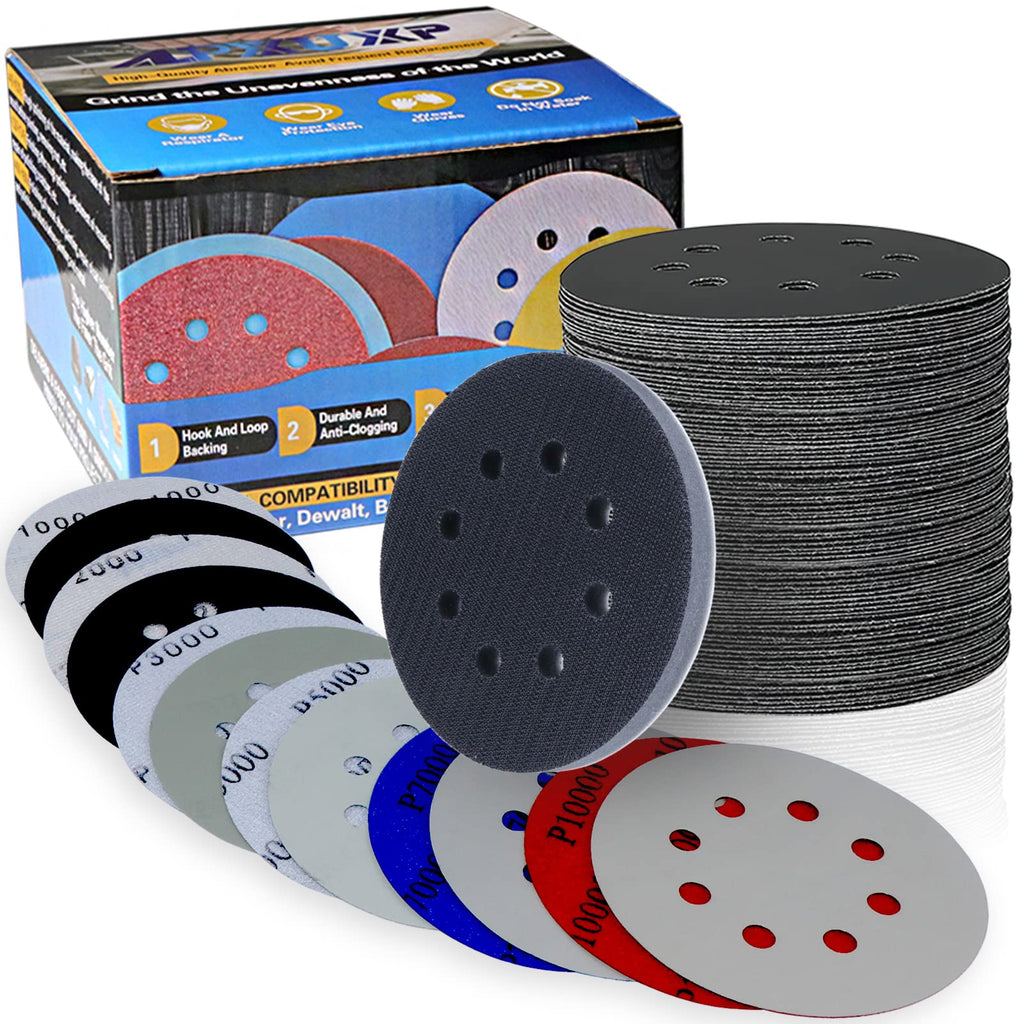 5 Inch Wet Dry Sanding Discs 8 Hole Round Hook and Loop Sandpaper with 1Pcs Interface Pad 1000 2000 3000 5000 7000 10000 Assortment Set Orbital Sander Sand Paper for Wood Automotive Metal-61Pcs