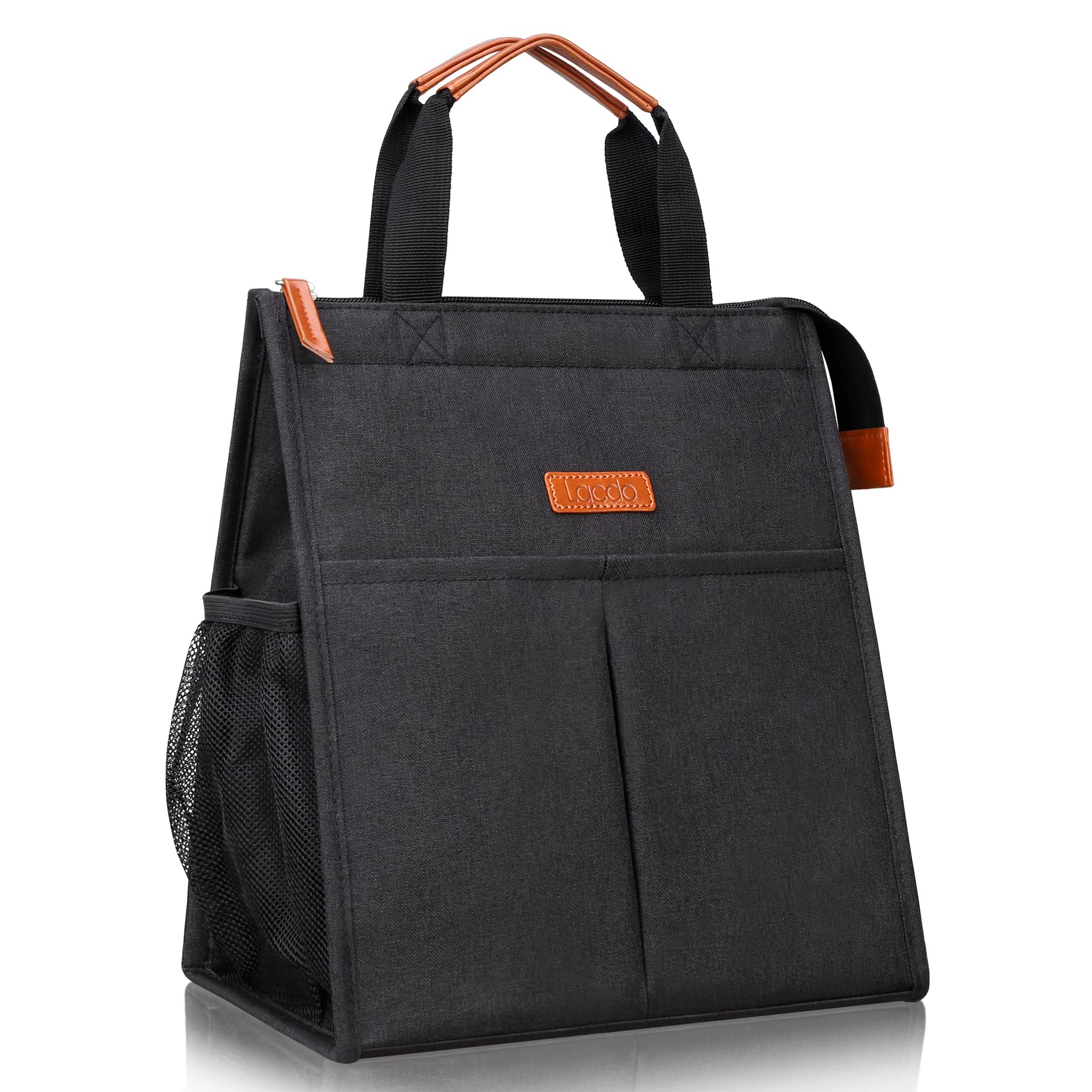 Lacdo Lunch Bag for Women Men Insulated Lunch Tote Bags Waterproof Reusable Lunch Box Soft Cooler with Pockets for Work School Travel Picnic, Black