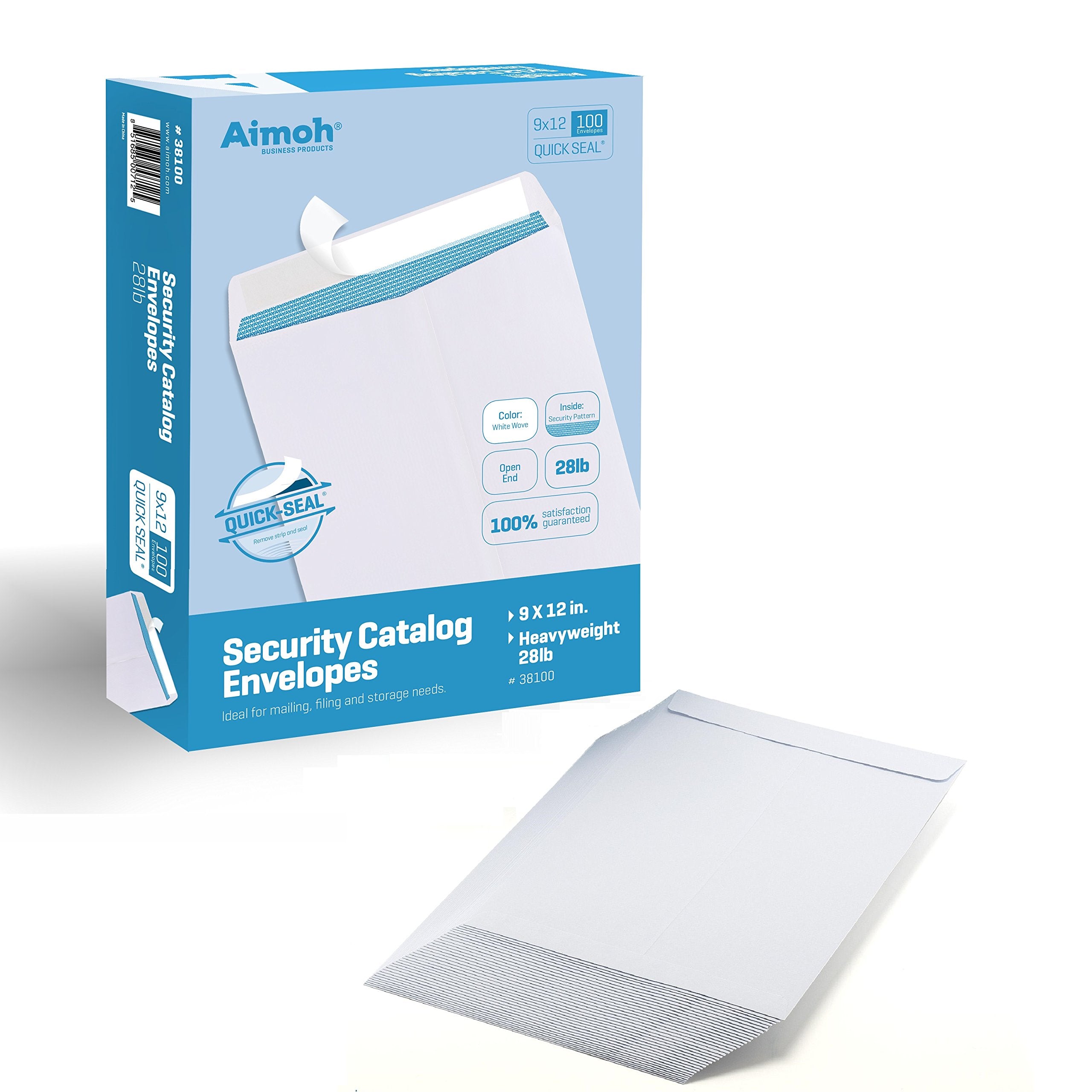 Aimoh 100 9 x 12 SELF Seal Security White Catalog Envelopes - 28lb - Security Tinted, Ultra Strong Quick-Seal, 9x12 inch (38100)