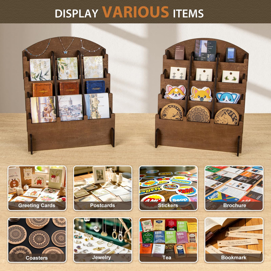 Wooden Sticker Display Stand, Sticker Holder Display Organizer with 12 Pockets for Greeting Card, Postcard, Coaster, Bookmark, Brochure, Vendors, Retail, Brown