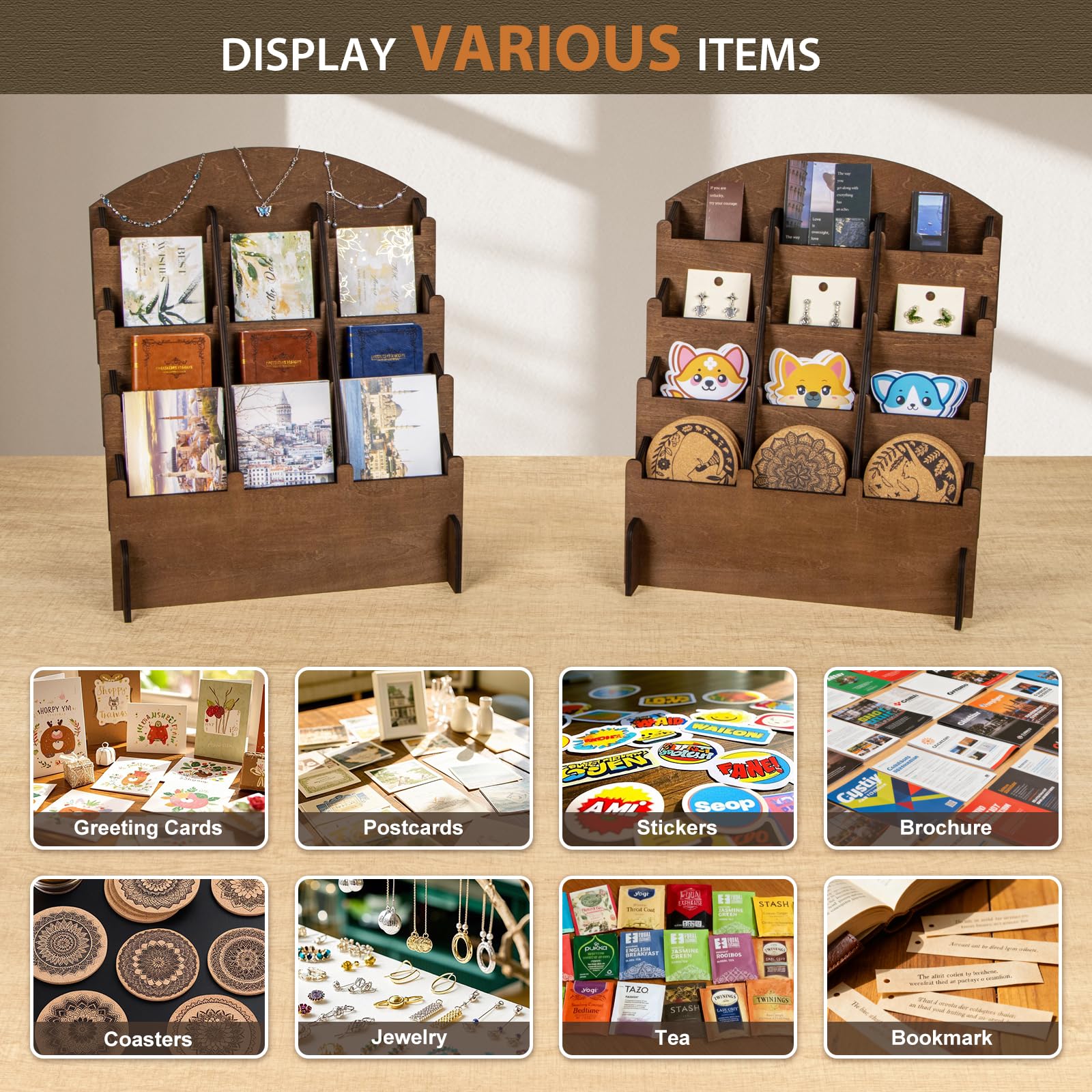 Wooden Sticker Display Stand, Sticker Holder Display Organizer with 12 Pockets for Greeting Card, Postcard, Coaster, Bookmark, Brochure, Vendors, Retail, Brown