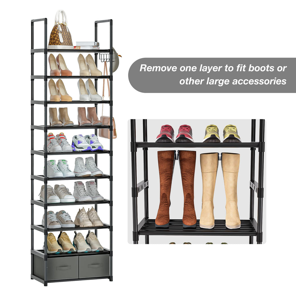 OYREL Tall Shoe Rack 10 Tier Narrow Shoes Rack 20 25 Pairs, Shoe Storage Shoe Organizer for Closet, Sturdy Metal Shoe Shelf with 2 Boxes 1 Hook