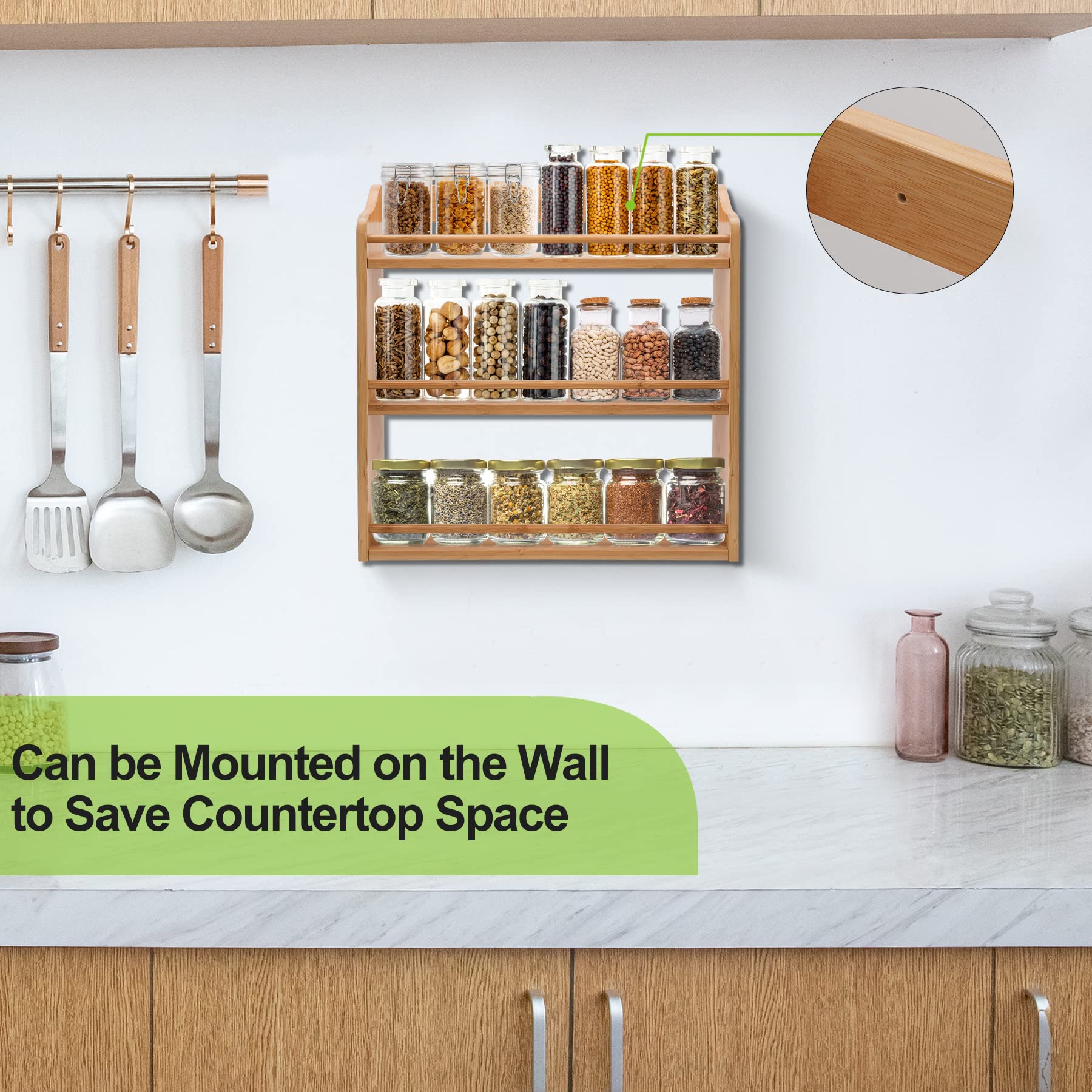 FoverOne 3-Tier Bamboo Spice Rack, 15.74" L x 5.11" W x 16.53" H, Wood Spice Jars Holder, Seasoning Rack Spice Bottle Shelf Organizer for Kitchen Countertop or Wall Mounting