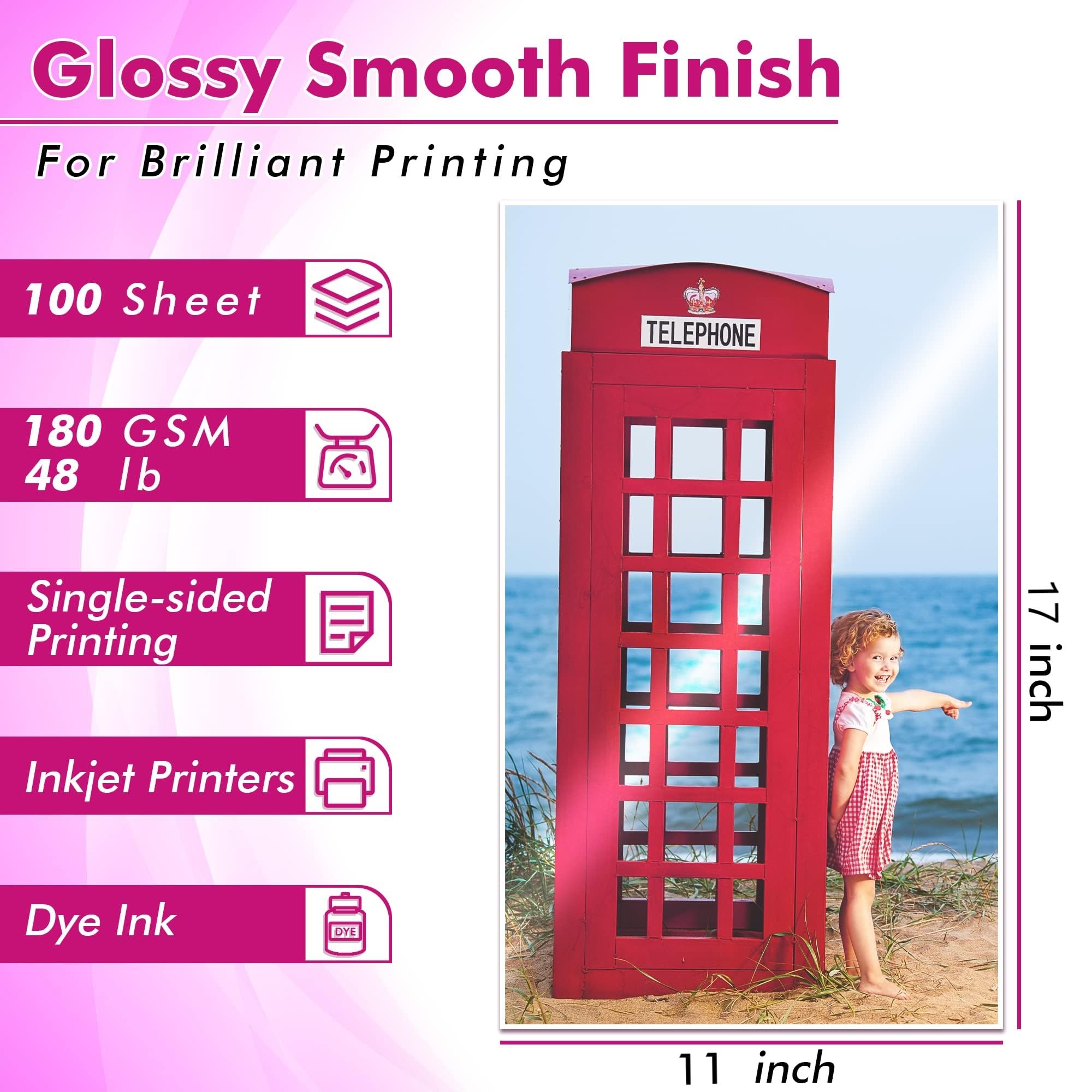 Koala Glossy Inkjet Photo Paper 11X17 Inches 48lb 100 Sheets Professional Glossy Photographic Paper Compatible with Inkjet Printer Use DYE Ink 180GSM