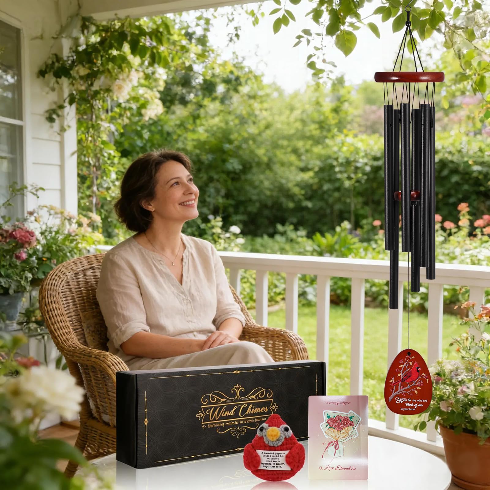 Jspupifip Memorial Sympathy Wind Chimes for Loss of Loved One 25'' Cardinal Wind Chimes Outdoor Bereavement Condolence Gifts with Cardinal Knitted Ornament