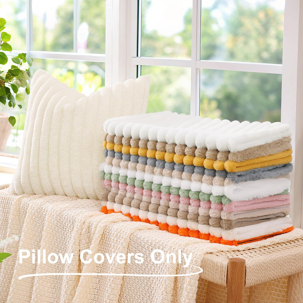 decorUhome Cream White Throw Pillow Covers 18x18 Inch Set of 2, Faux Fur Velvet Decorative Pillow Covers, Fuzzy Striped Cushion Covers Pillow Cases for Sofa Couch, Living Room Home Decor