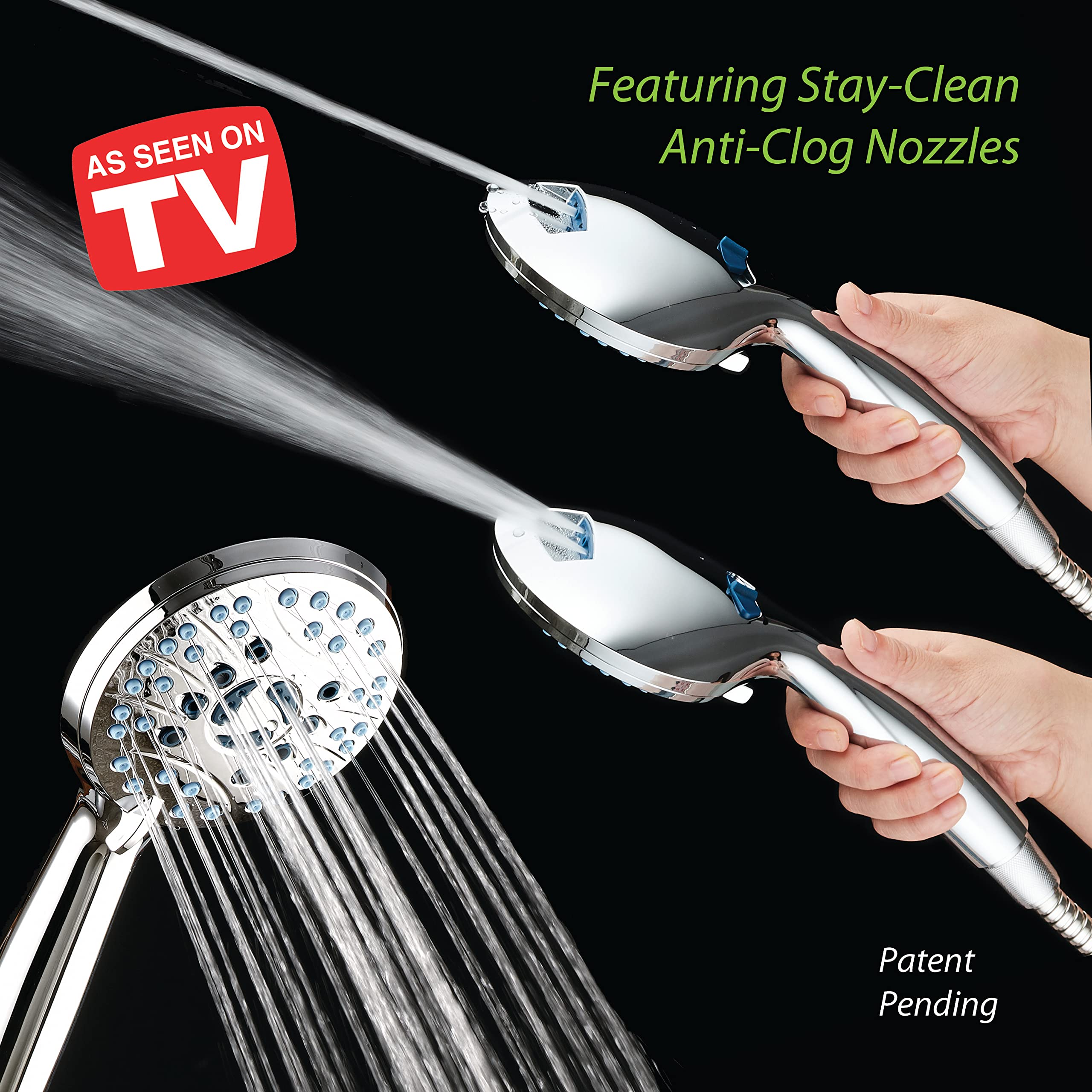 AquaCare High Pressure 8-Mode Handheld Shower Head - Anti-Clog Nozzles, Built-in Power Wash to Clean Tub, Tile & Pets, Extra Long 6 ft. Stainless Steel Hose, Wall & Overhead Brackets